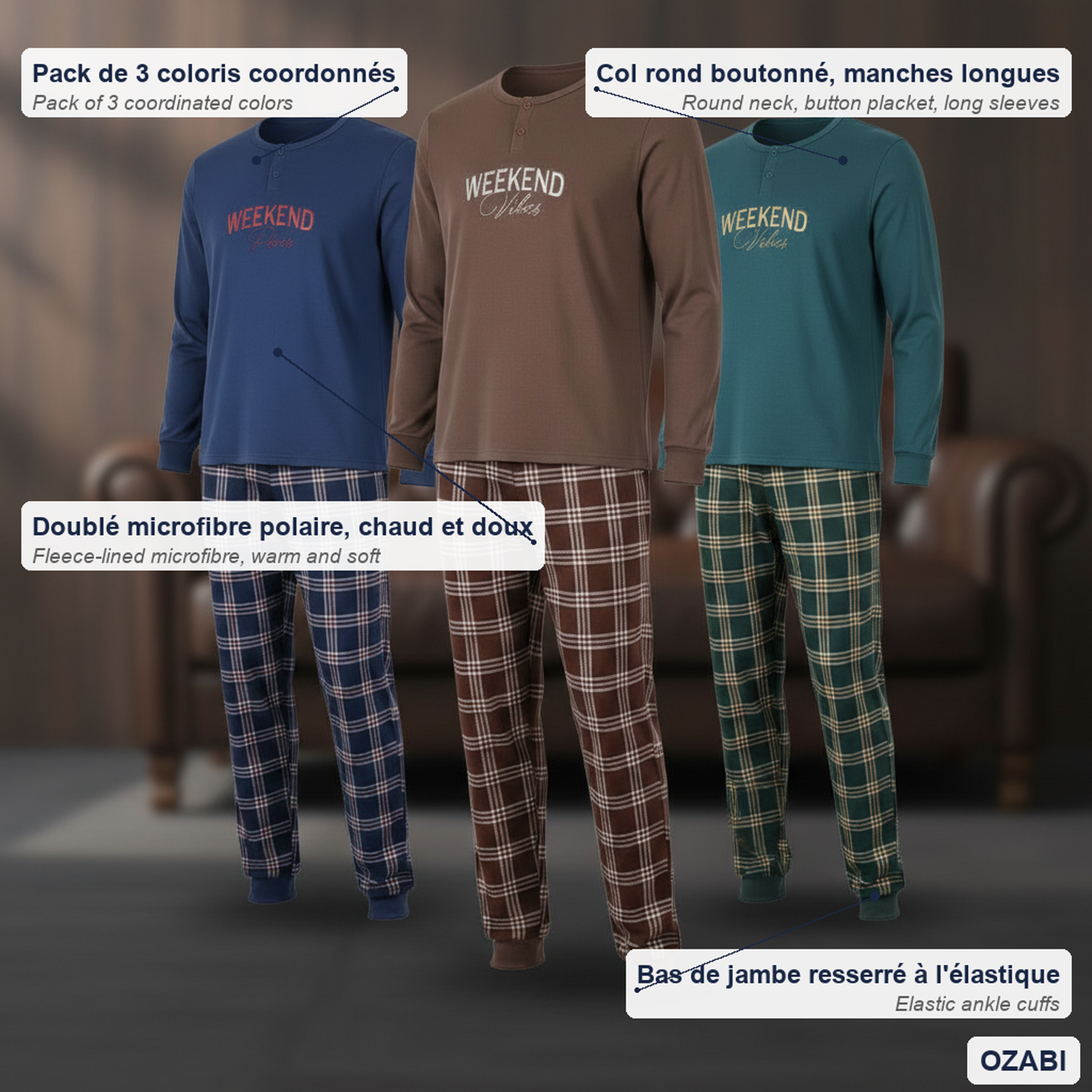 Voir la diapositive 5 : OZABI Ozabi ensemble pyjama homme doublé polaire pack de 3 coloris assortis