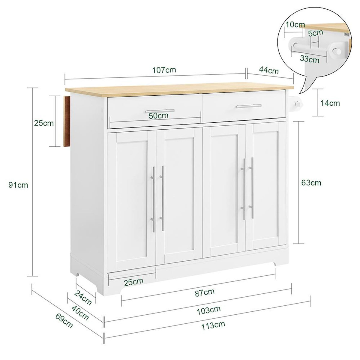 SOBUY SoBuy - Îlot De Cuisine à deux tiroirs - Blanc - 107x44x91cm - Nordique - FKW129-NW