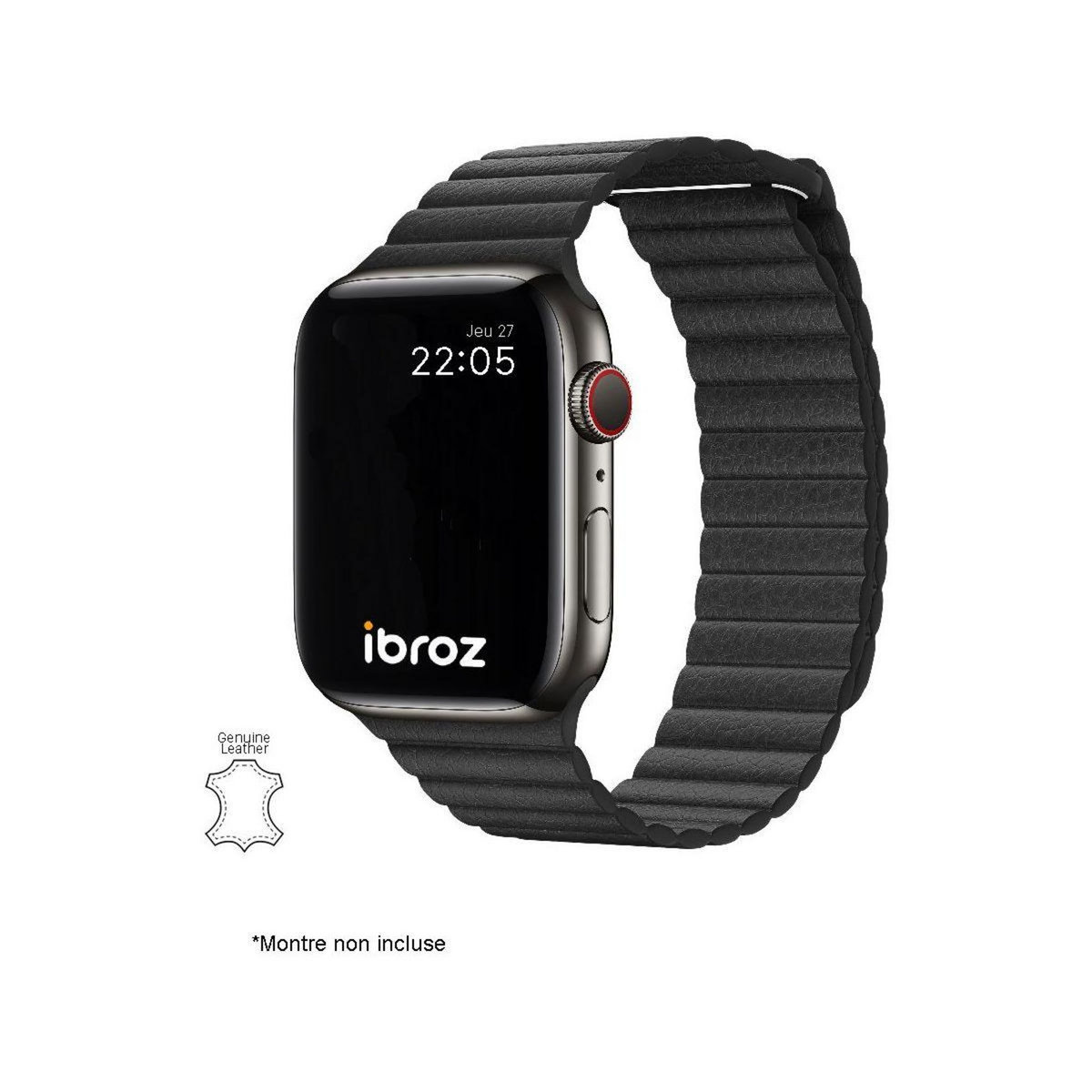 IBROZ Bracelet Apple Watch Cuir Loop 42/44/45mm noir