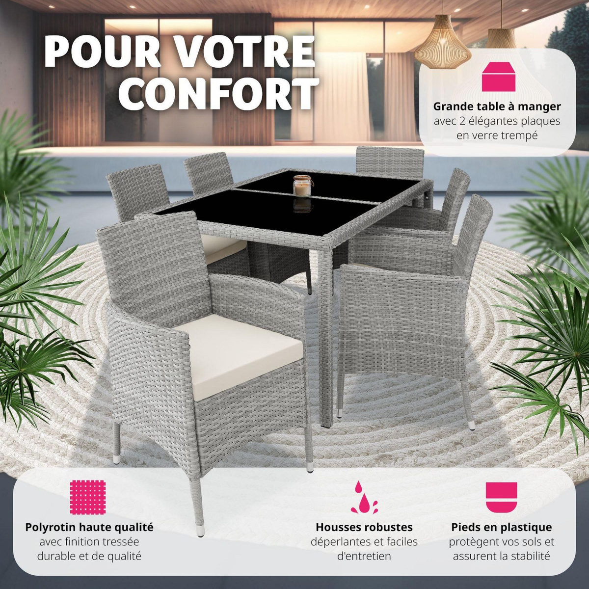 tectake Salon de jardin pour 6 personnes gris clair/crème