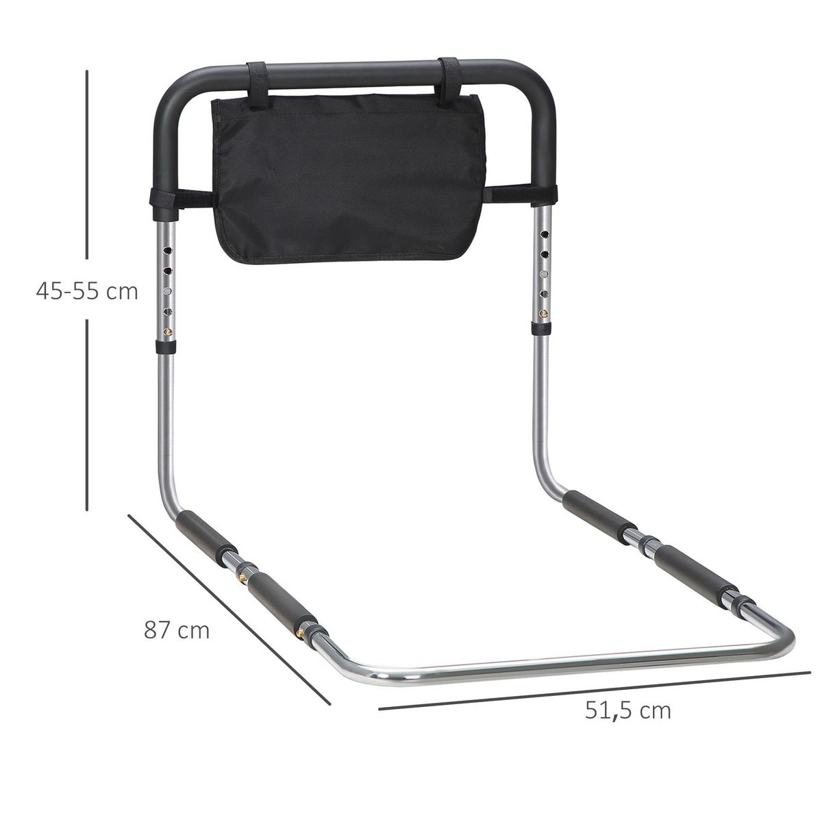 HOMCOM Barre de redressement de lit réglable en hauteur - poignée d'appui pour le lit - barre d'appui de lit avec rangement - acier noir