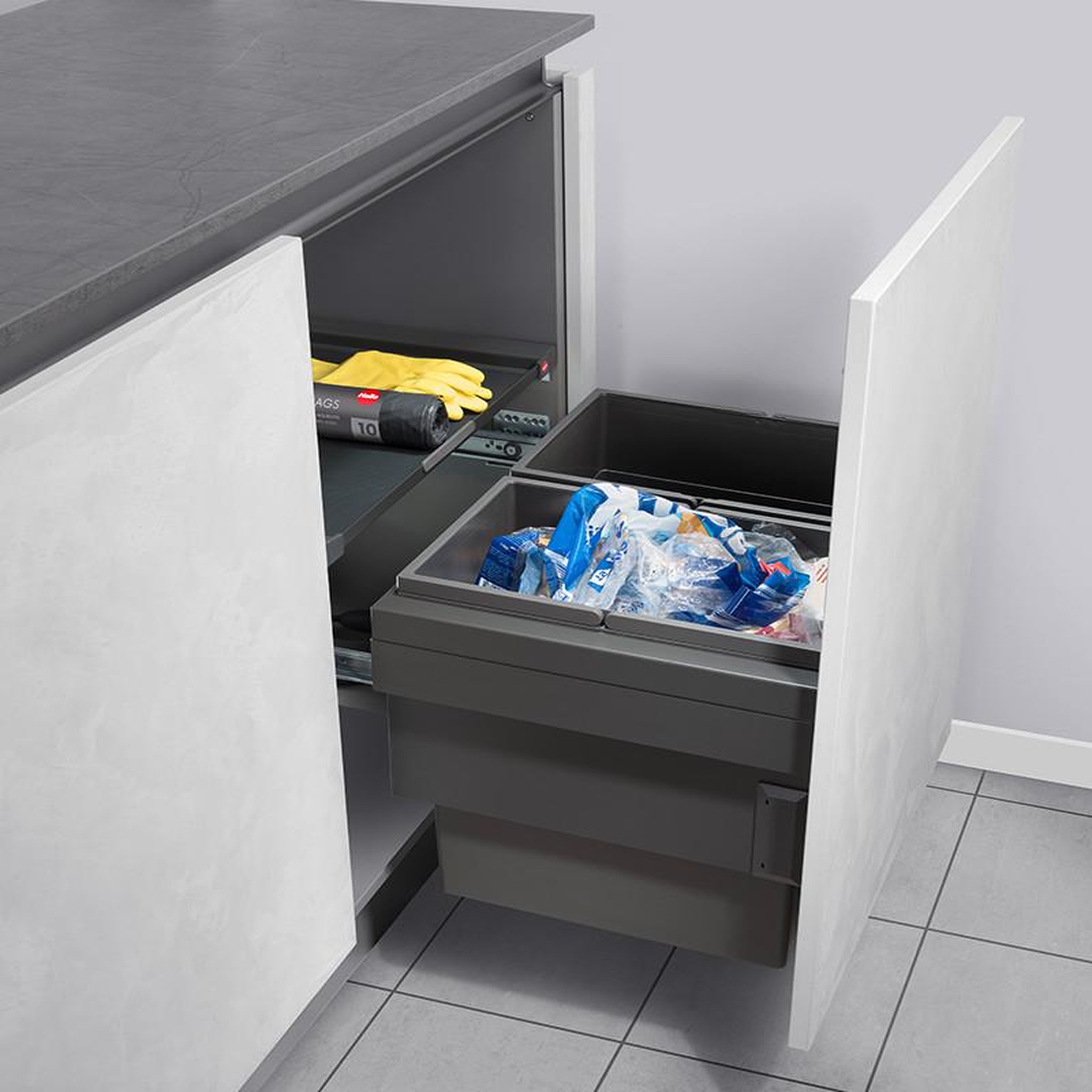 Voir la diapositive 2 : HAILO Poubelle de cuisine tri sélectif 2 bacs encastrable 56l (28+28) hailo cargo synchro