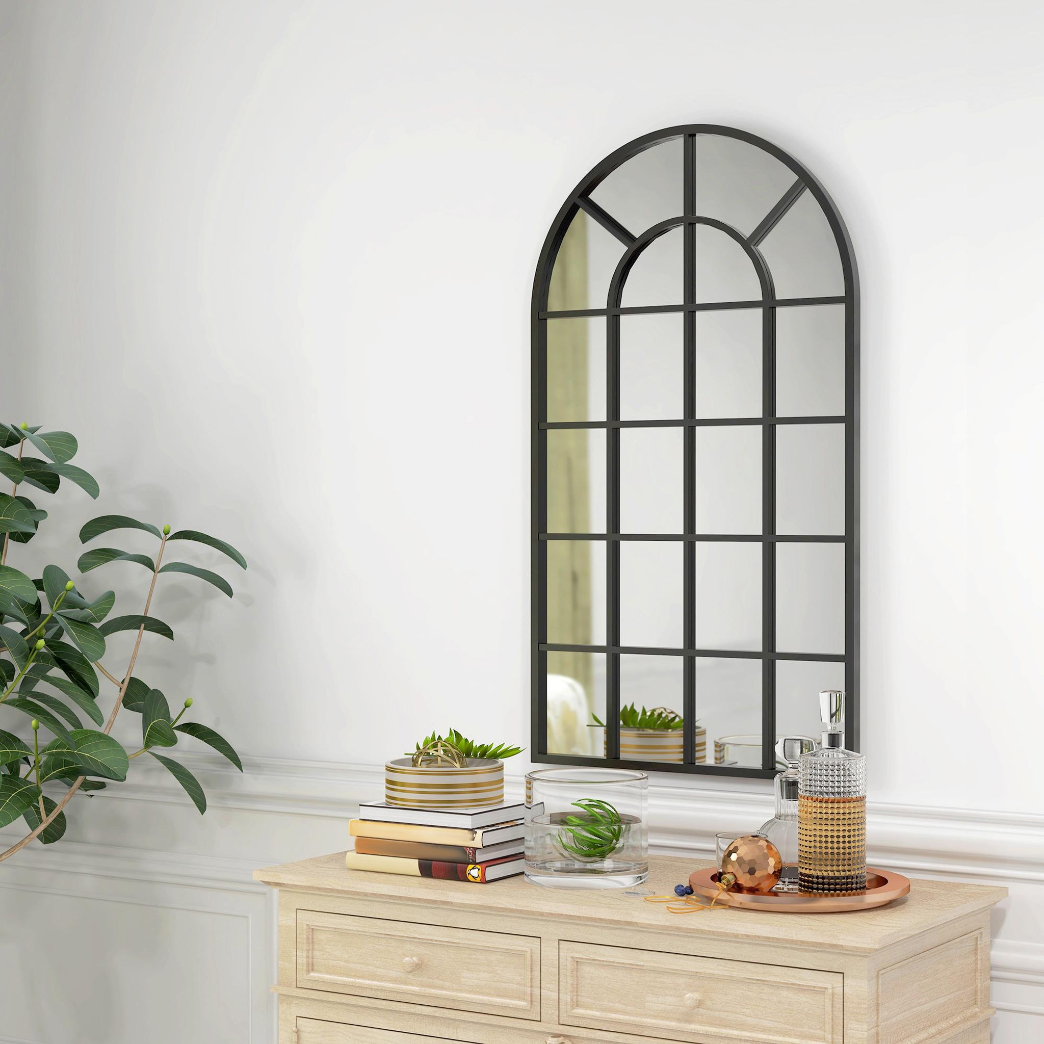 Voir la diapositive 2 : HOMCOM Miroir mural aspect verrière style classique chic - dim. 62L x 110H cm - métal noir verre 3 mm