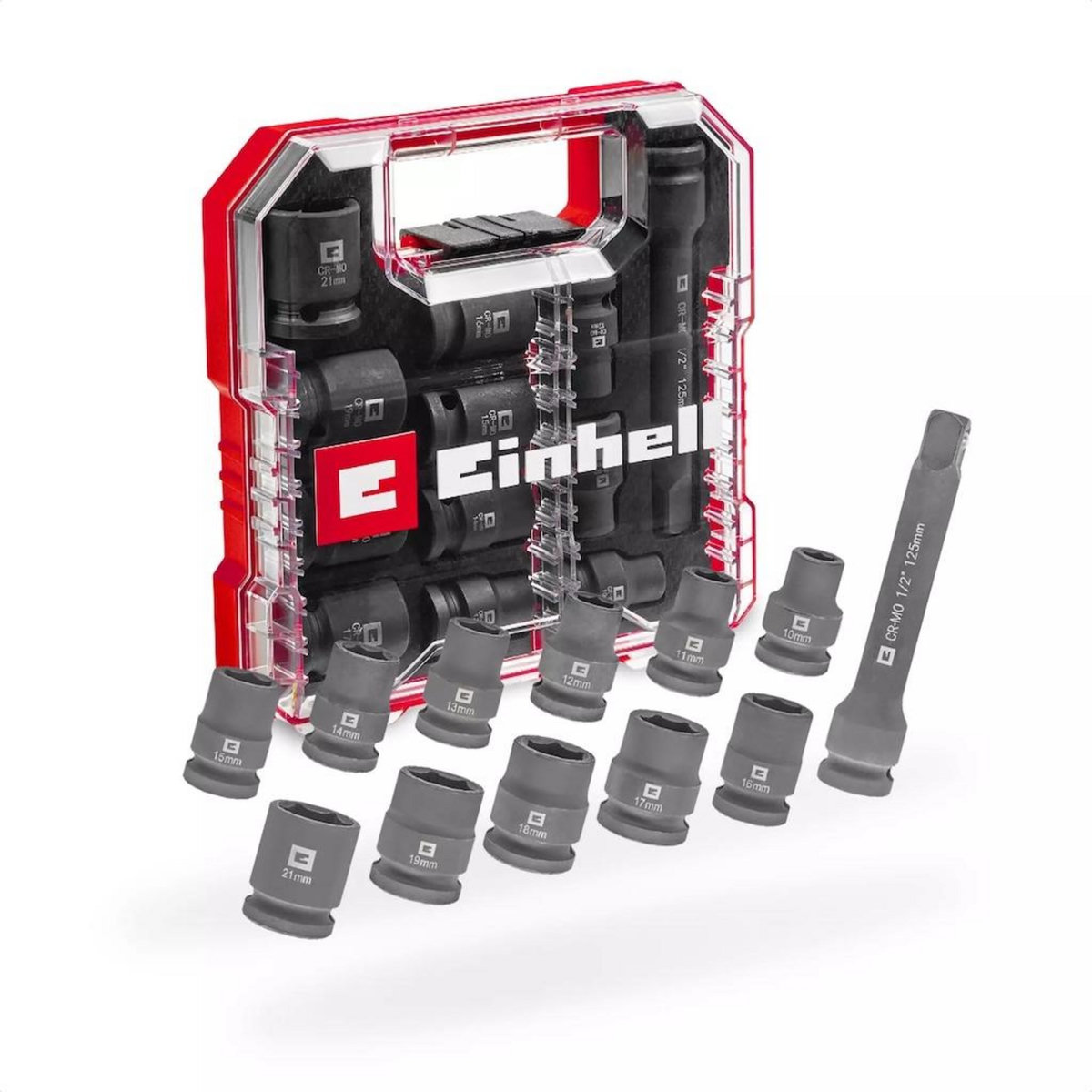 Einhell Jeu de douilles à impact – 12 pièces – 1/2” – 10 à 21 mm + rallonge 125 mm – acier CrMo