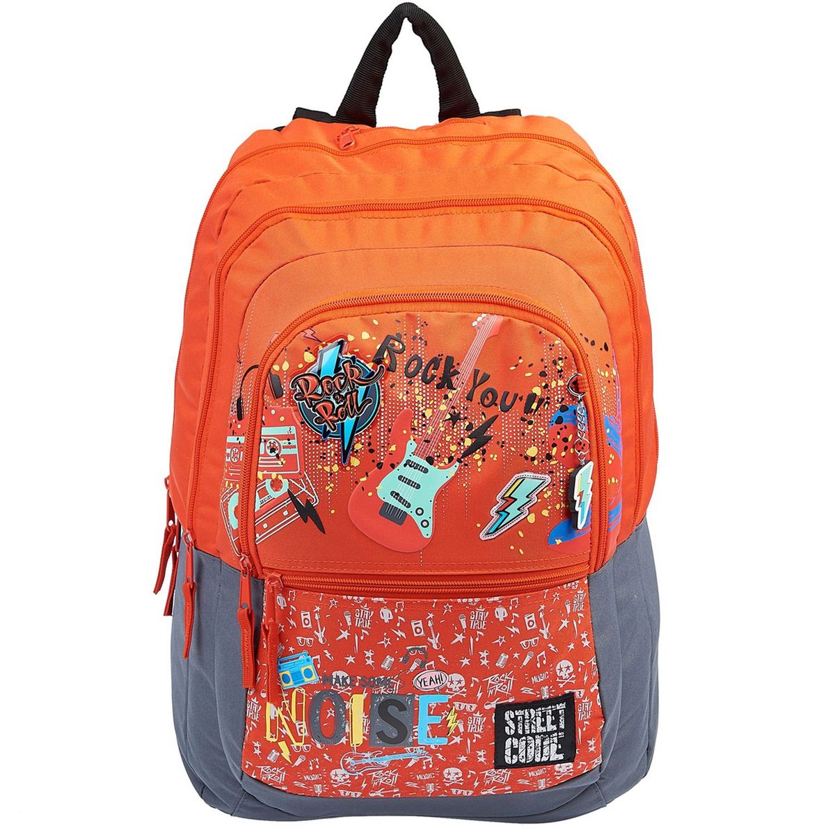 AUCHAN Sac à dos Premium 3 compartiments polyester rouge et gris ROCK & ROLL STREET CODE