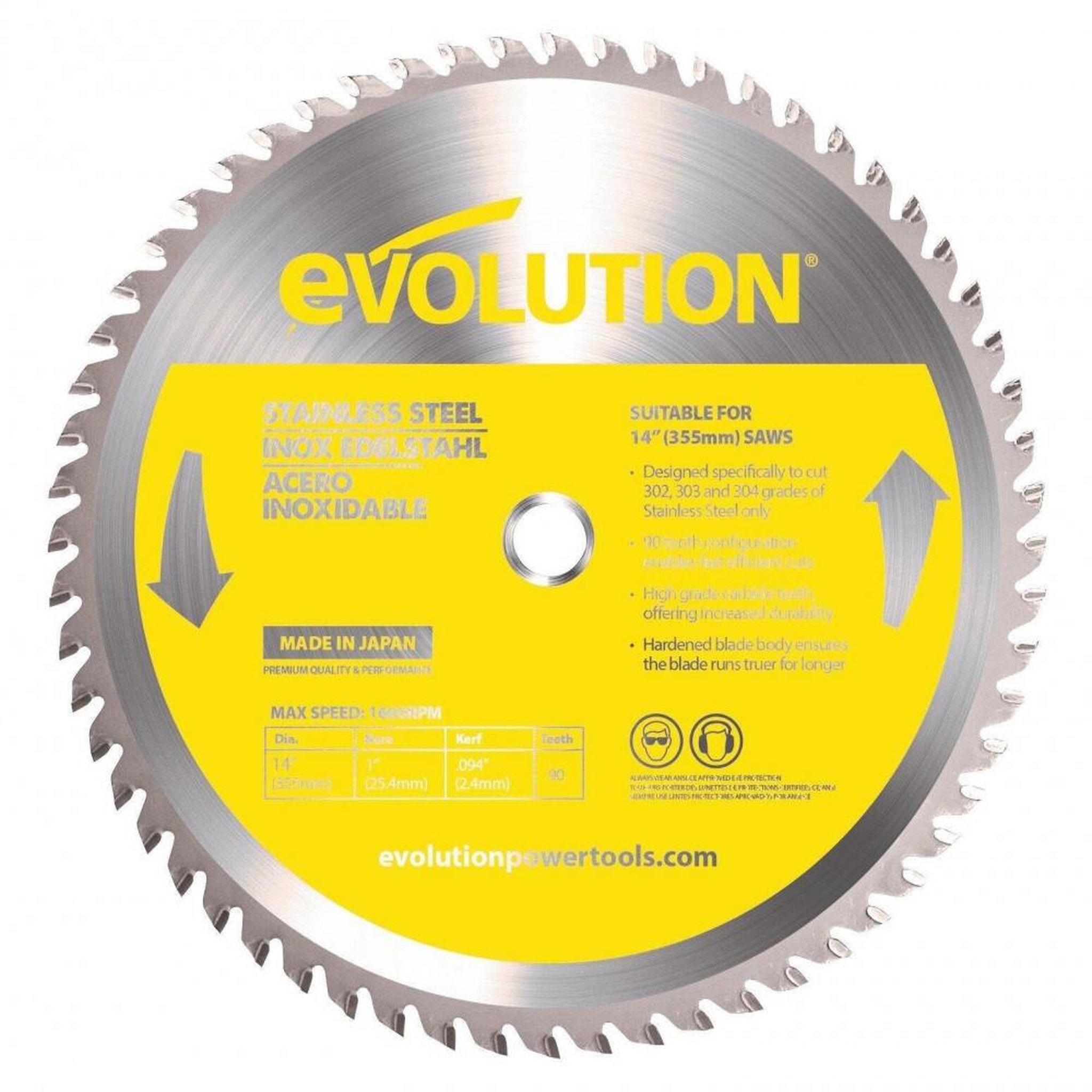CENTRALE BRICO Lame en carbure de tungstène pour acier inoxydable, EVOLUTION, 302, 303 et 304, 90 dents, alésage 20 mm diam. 355 mm