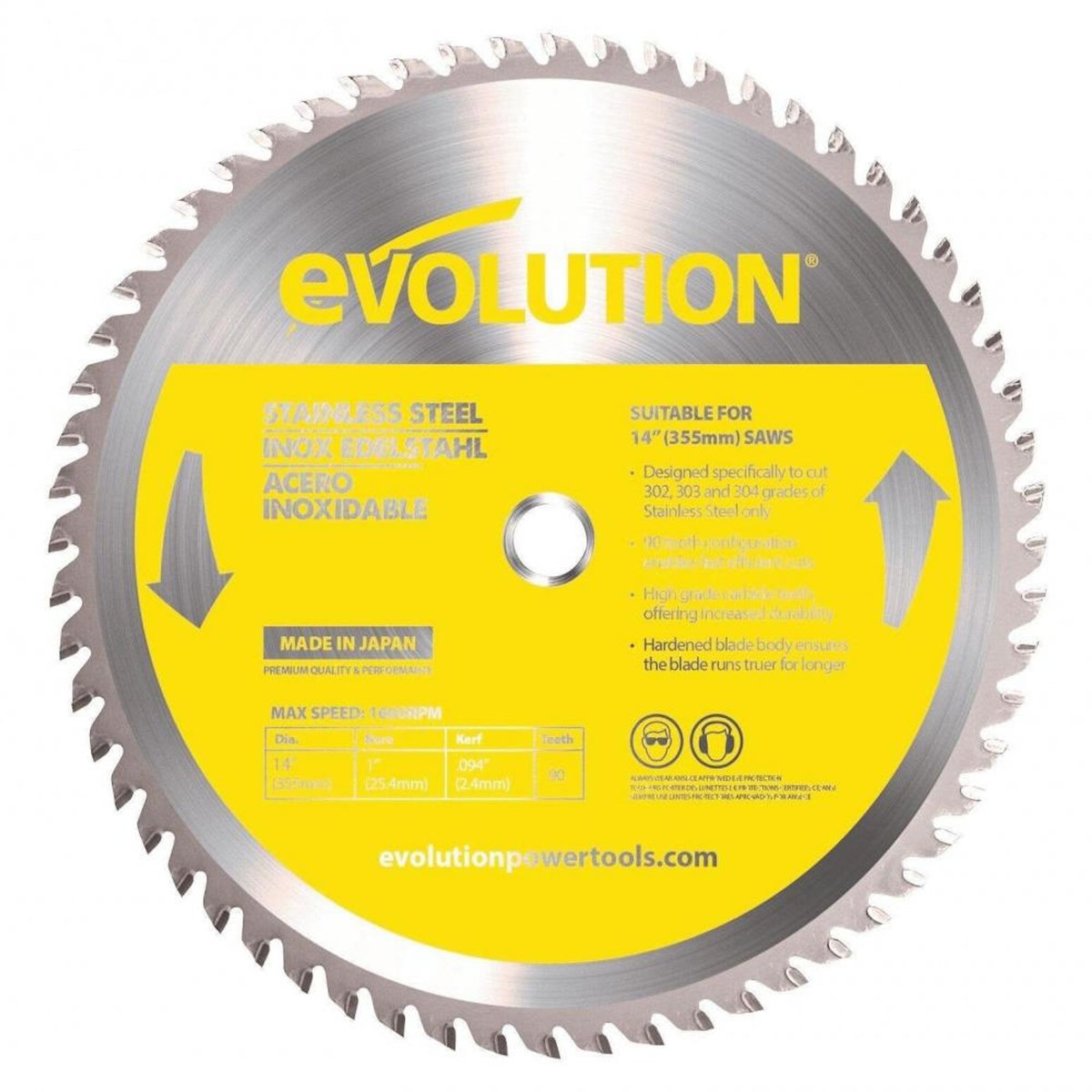 CENTRALE BRICO Lame en carbure de tungstène pour acier inoxydable, EVOLUTION, 302, 303 et 304, 90 dents, alésage 20 mm diam. 355 mm