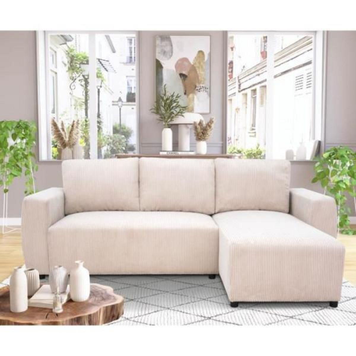 MARKET24 Canapé d'angle convertible réversible 3-4 places PHARELL - Velours côtelé beige - Coffre de rangement - L 230x P 155 x H 95