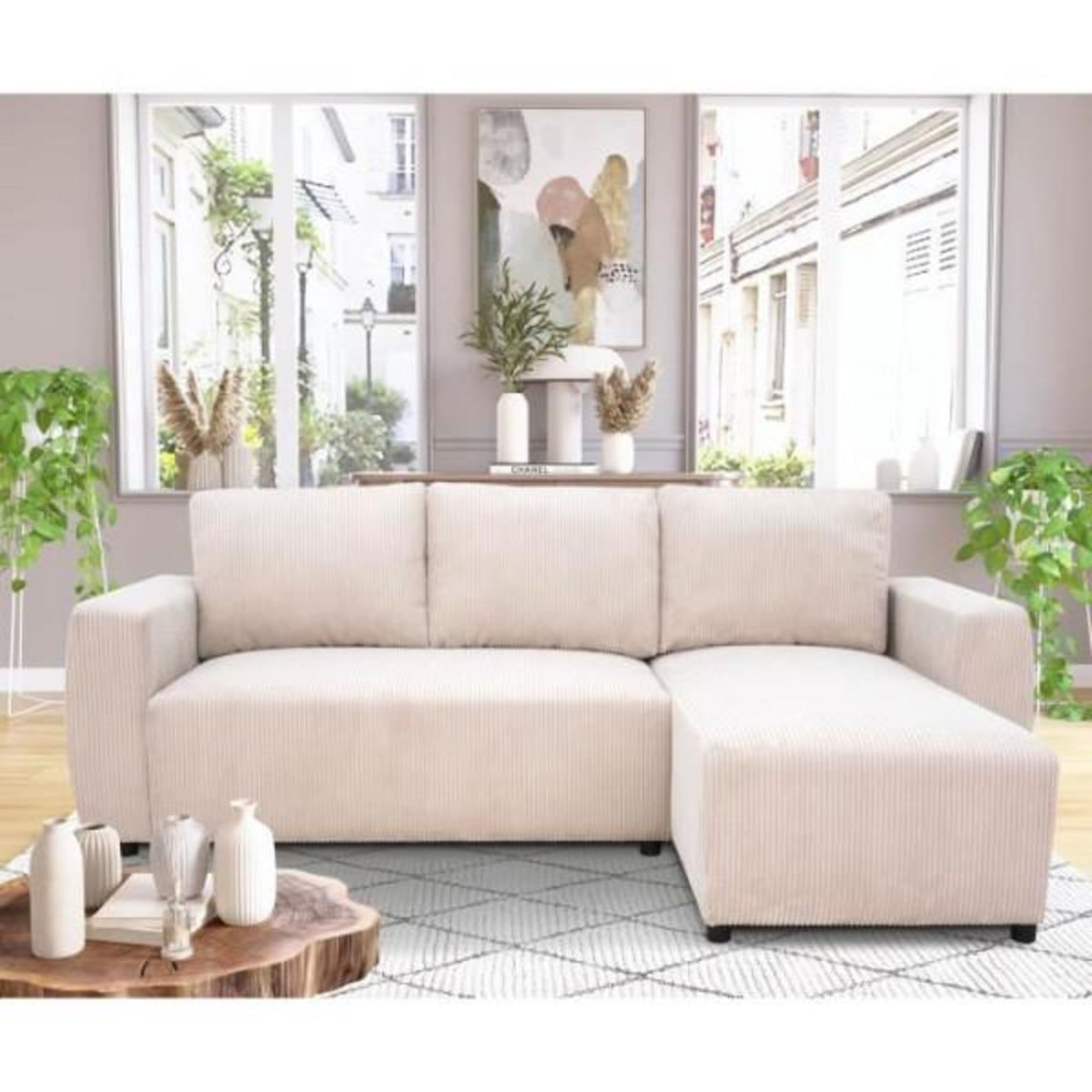 MARKET24 Canapé d'angle convertible réversible 3-4 places PHARELL - Velours côtelé beige - Coffre de rangement - L 230x P 155 x H 95