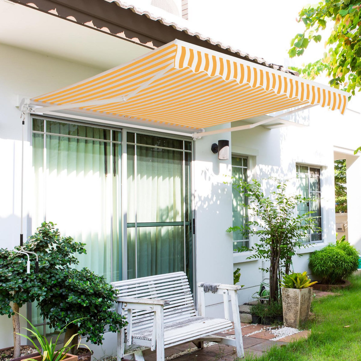 OUTSUNNY Store banne manuel rétractable aluminium polyester imperméabilisé 3L x 2,5l m orange blanc rayé