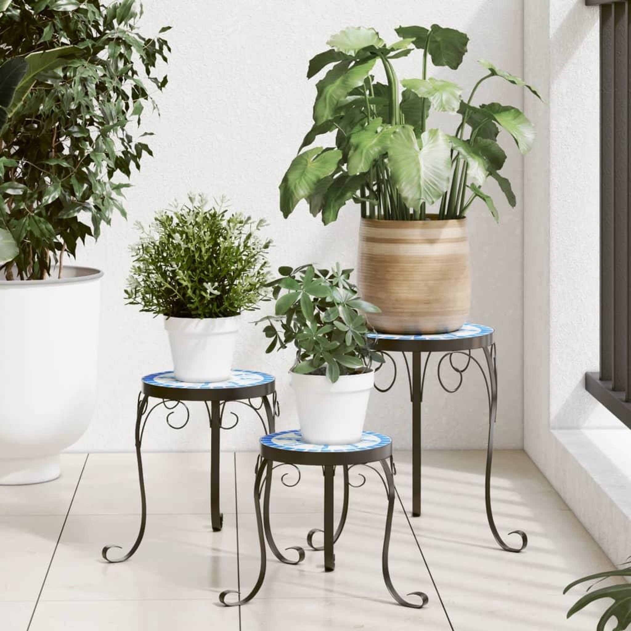 VIDAXL Supports pour plantes 3 pcs bleu et blanc ceramique