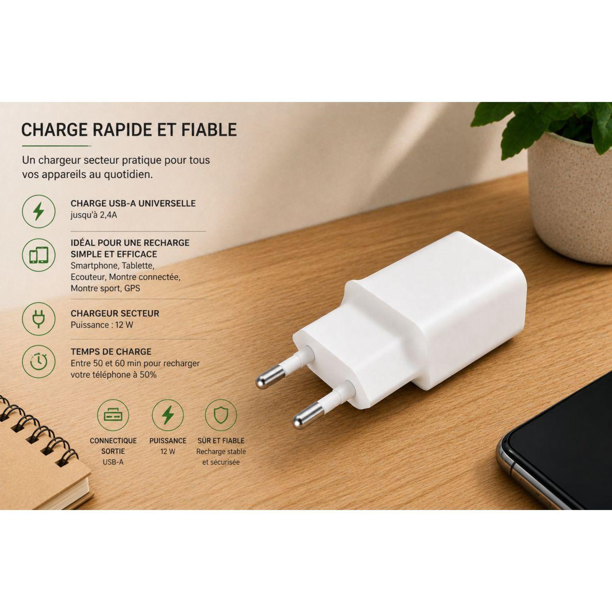 Voir la diapositive 4 : ESSENTIEL B Chargeur 12w usb-a blanc compatible iphone 17 16 15 pro max et samsung galaxy