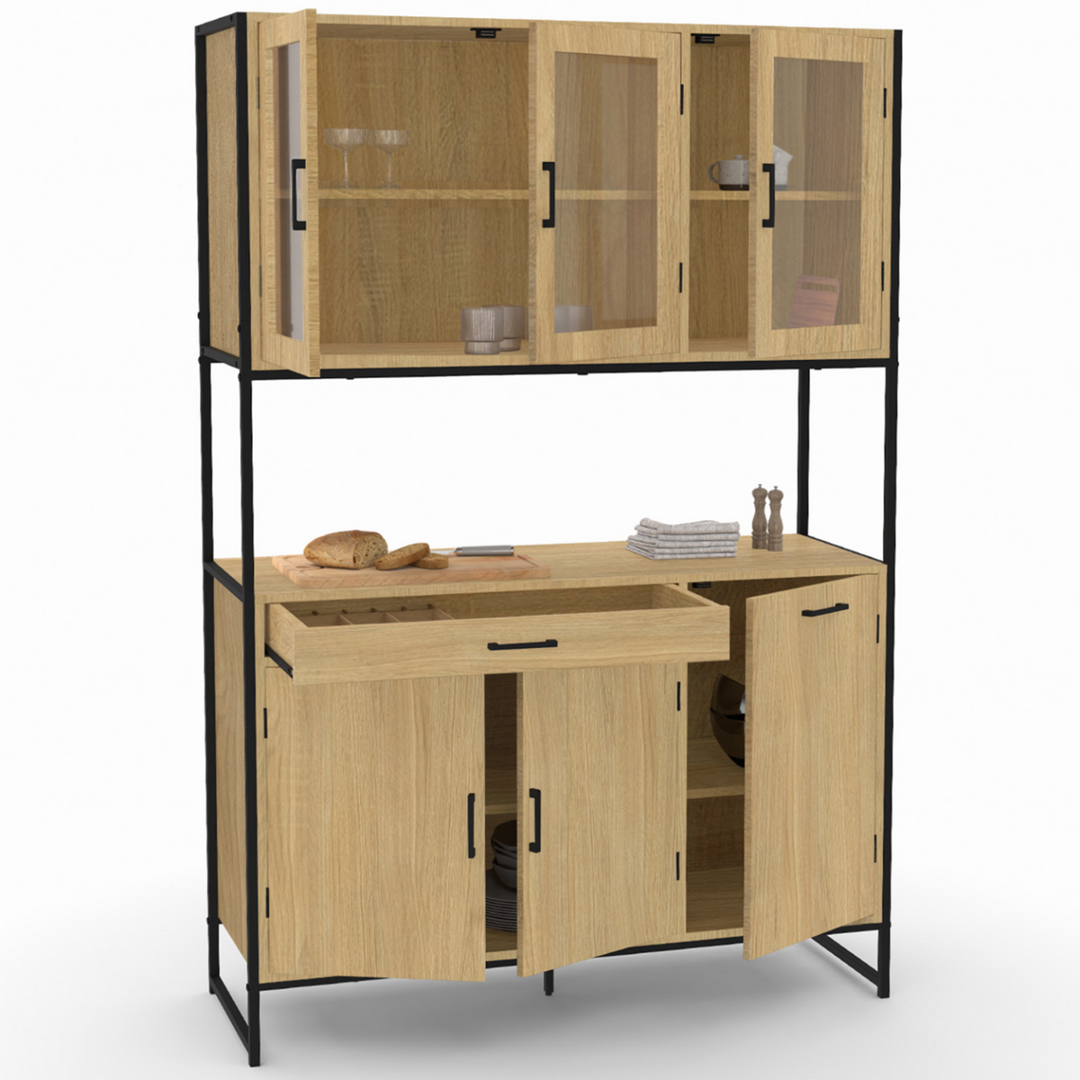 ID MARKET Buffet de cuisine vitré 120 CM DETROIT meuble vaisselier 6 portes design industriel + tiroir