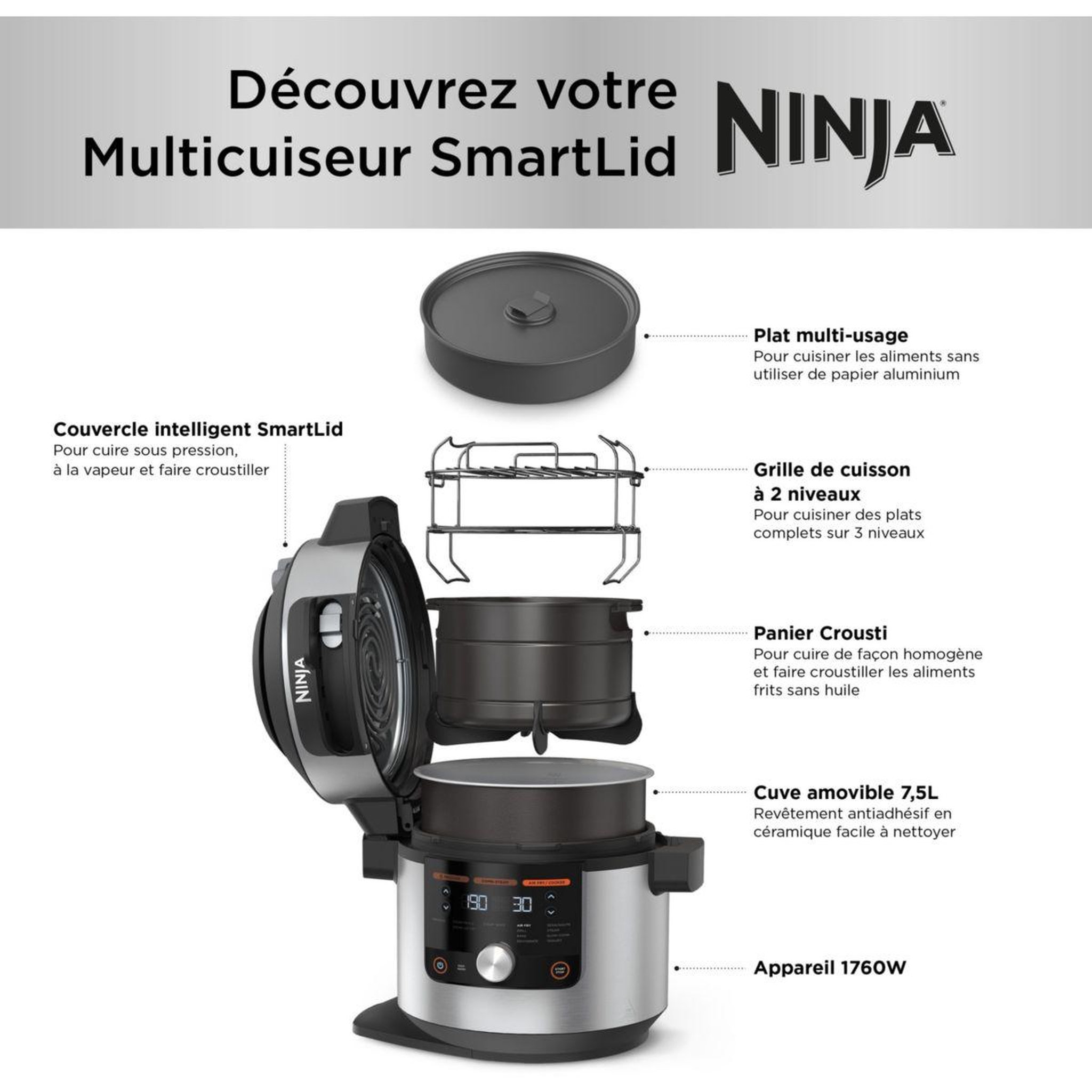 Voir la diapositive 5 : NINJA Multicuiseur Foodi Max OL650EU 7,5 L, 12 modes de cuisson dont air fryer