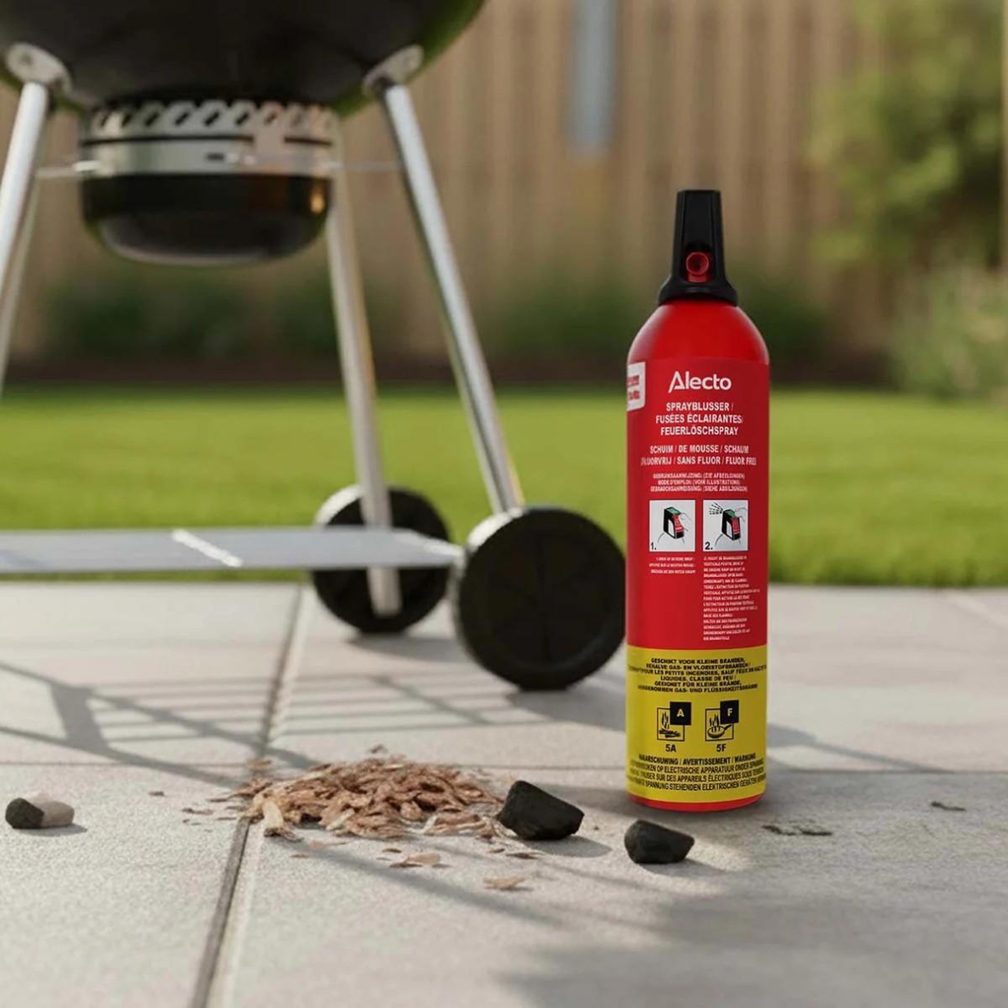 Voir la diapositive 2 : ALECTO Extincteur 750 ml Voiture Maison spray Classes A et F 5A 5F Portée 4 m Sans PFAS Protection Feu Rouge Alecto