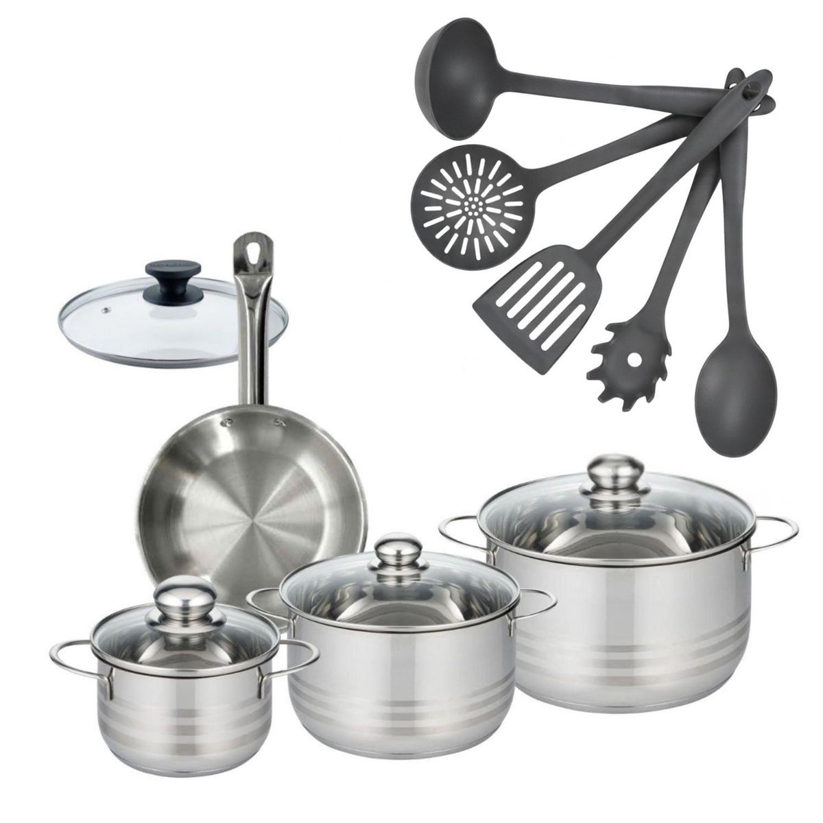 Fackelmann Set poêle 20 cm en inox et couvercle, 3 faitouts inox 16, 20 et 24 cm et 5 ustensiles Fackelmann Eterna
