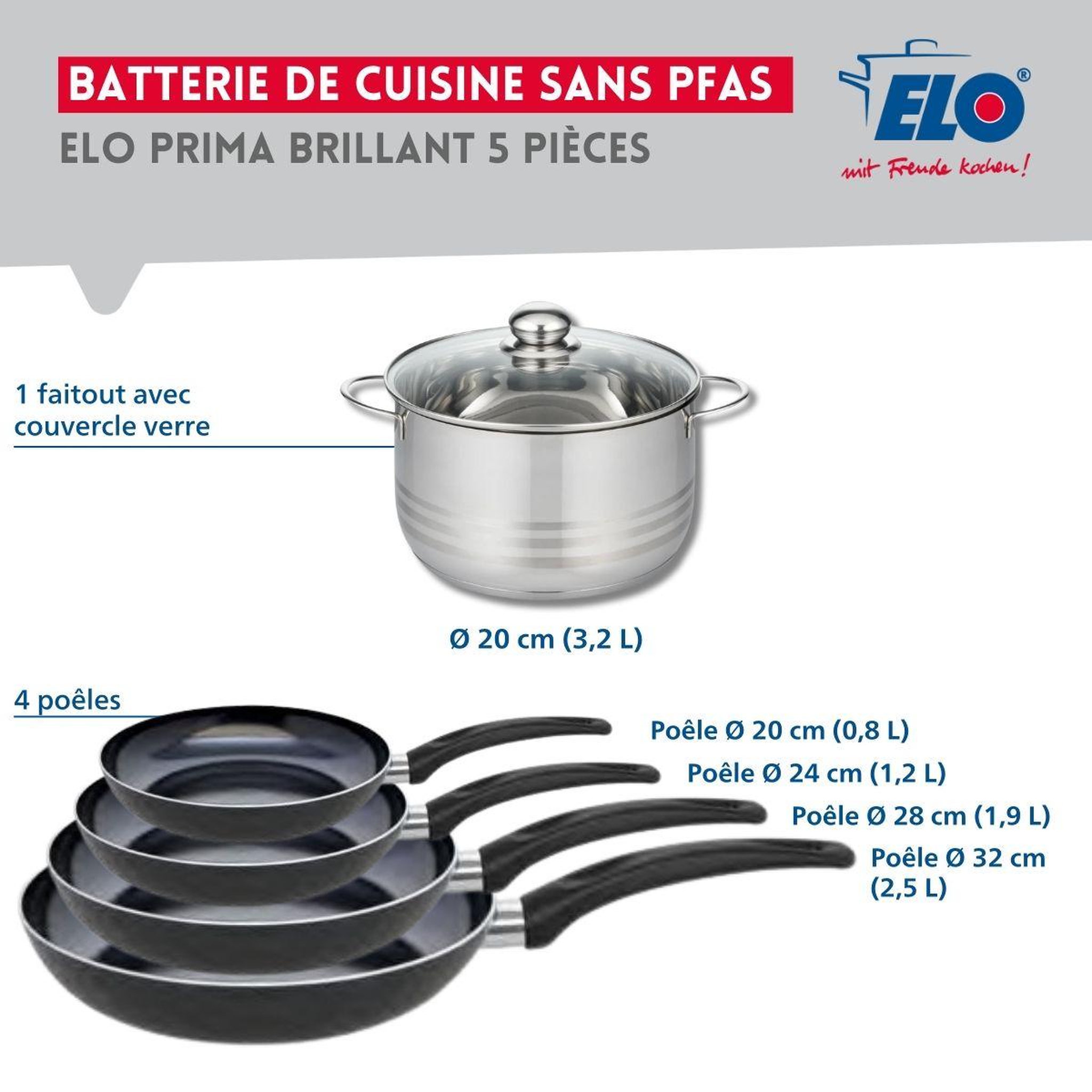 Voir la diapositive 2 : ELO Ensemble de 4 poêles de cuisson 20, 24, 28 et 32 cm et 1 faitout 20 cm elo prima brillant