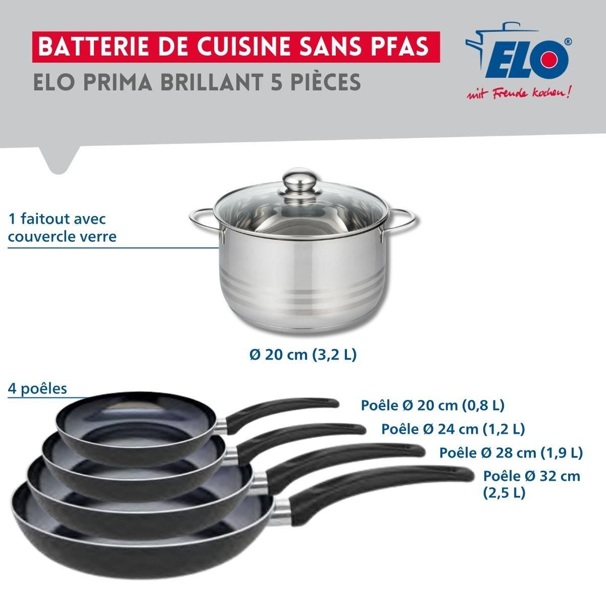 ELO Ensemble de 4 Poêles de cuisson 20, 24, 28 et 32 cm et 1 faitout 20 cm Elo Prima Brillant