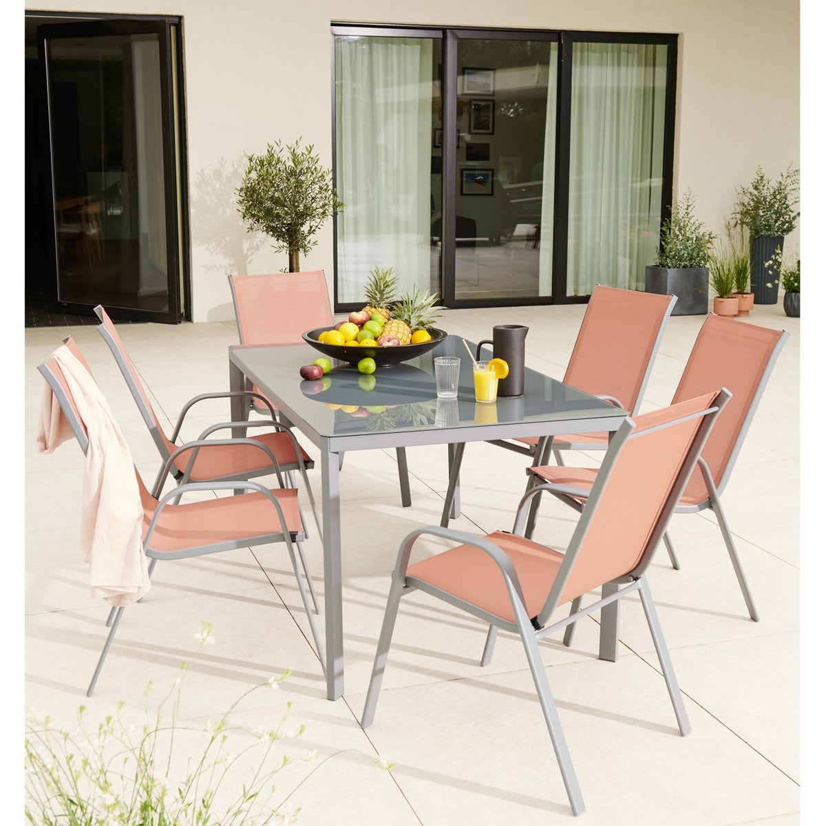 GARDENSTAR Ensemble repas 6 personnes avec fauteuil terracotta