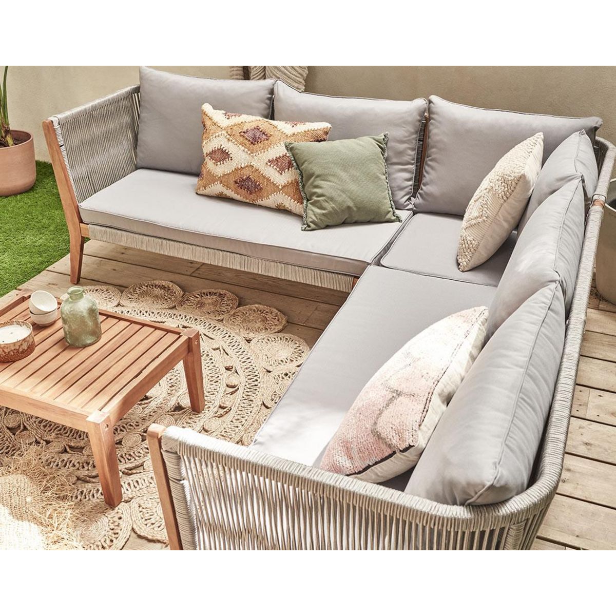 BEST MOBILIER Papua - salon bas de jardin 5 places - bois, corde et coussins gris