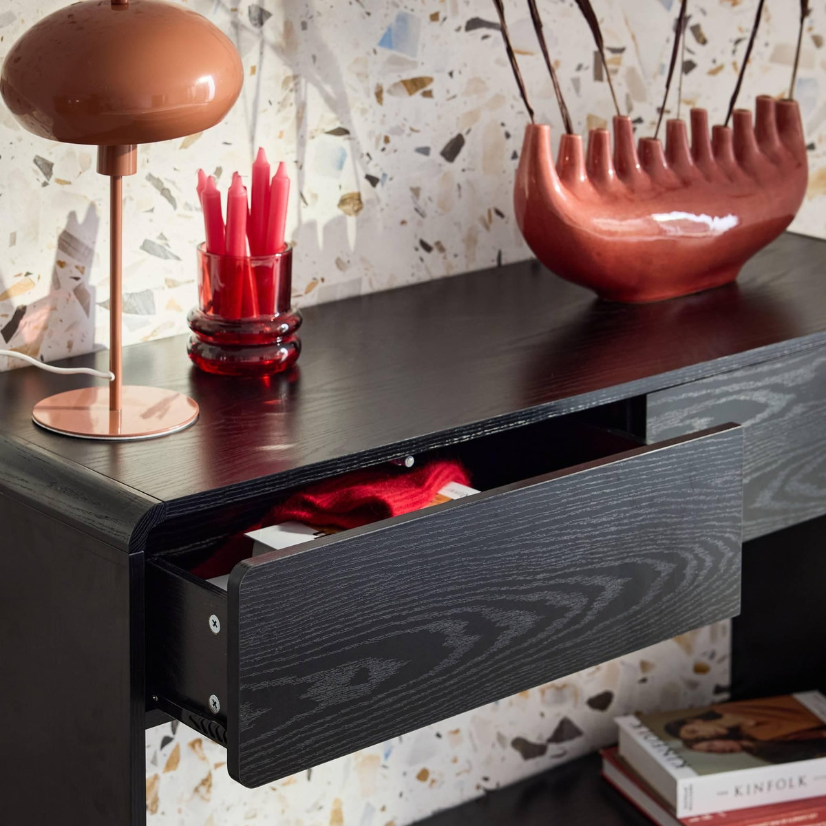 SWEEEK Console 2 tiroirs. 1 étagère. effet bois noir arrondi