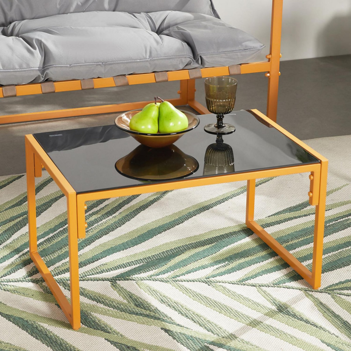 CONCEPT USINE Salon de jardin 4 places contemporain brun et coussins gris RABAT