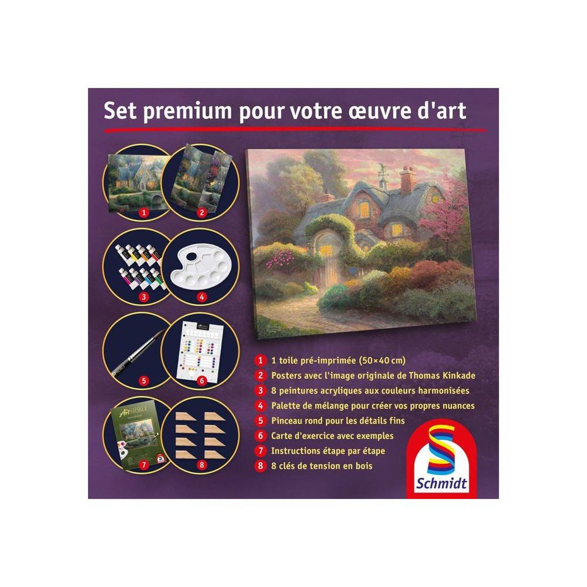 Voir la diapositive 4 : Schmidt Spiele Coffret peinture diy premium my artnoble thomas kinkade rosebud cottage, toile imprimée 50 x 40 cm, 8 peintures acryliques, pinceau rond et guide pas à pas