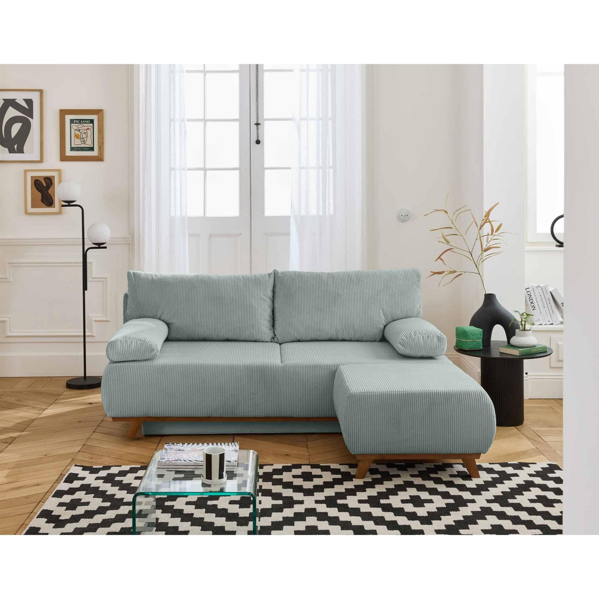 BEST MOBILIER Cristal - canapé 3 places - convertible avec coffre et pouf - en velours côtelé