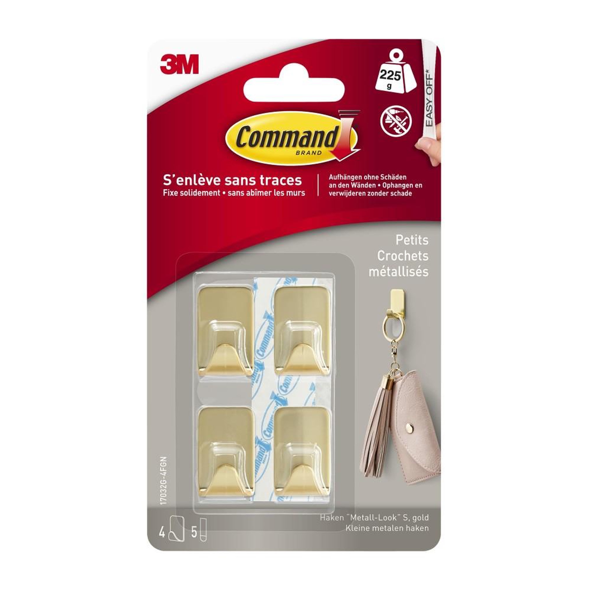 CENTRALE BRICO Lot de 4 crochets adhésif Déco métal, COMMAND, doré 0.225 kg