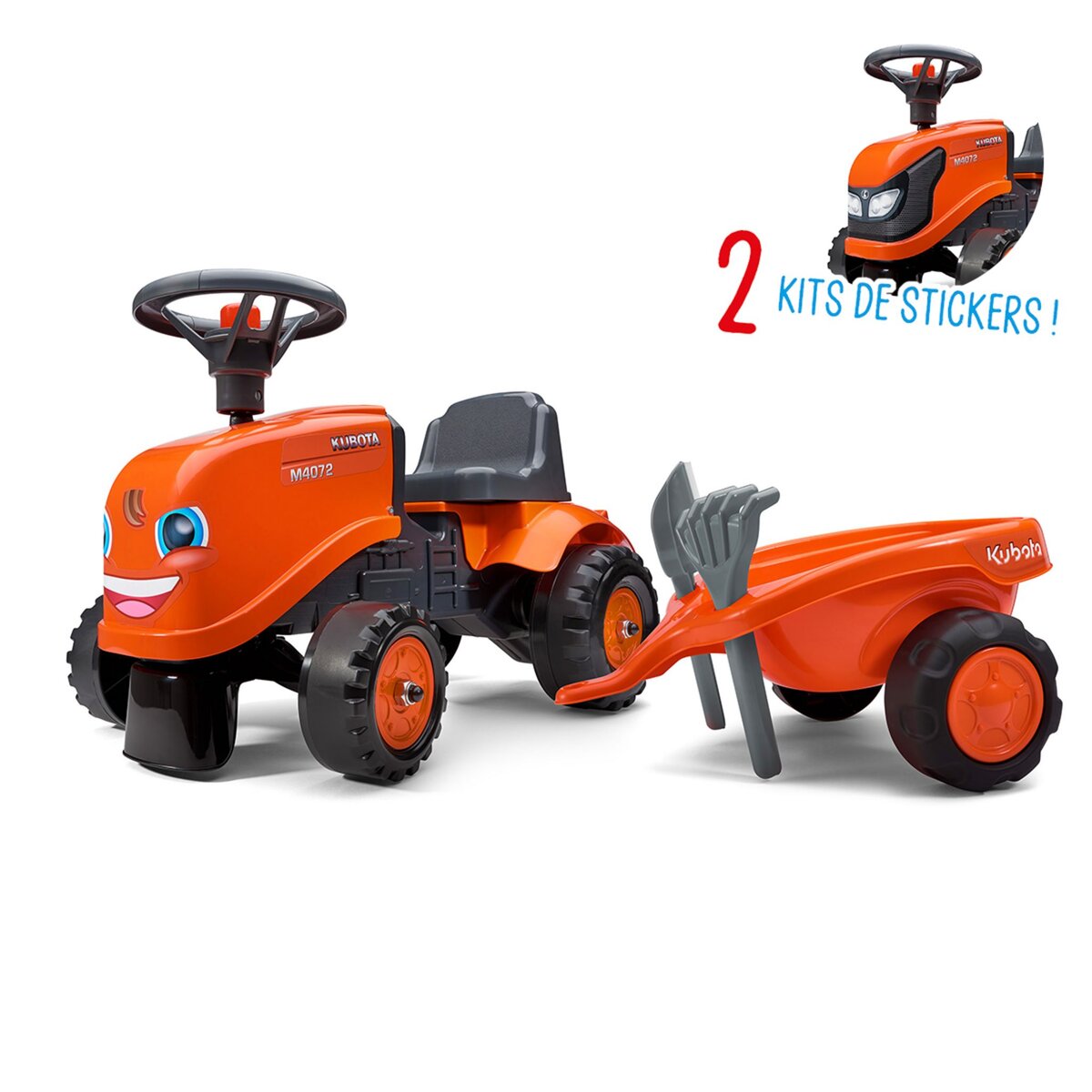 Falk / Falquet Porteur tracteur Kubota avec remorque - pelle et rateau - Orange