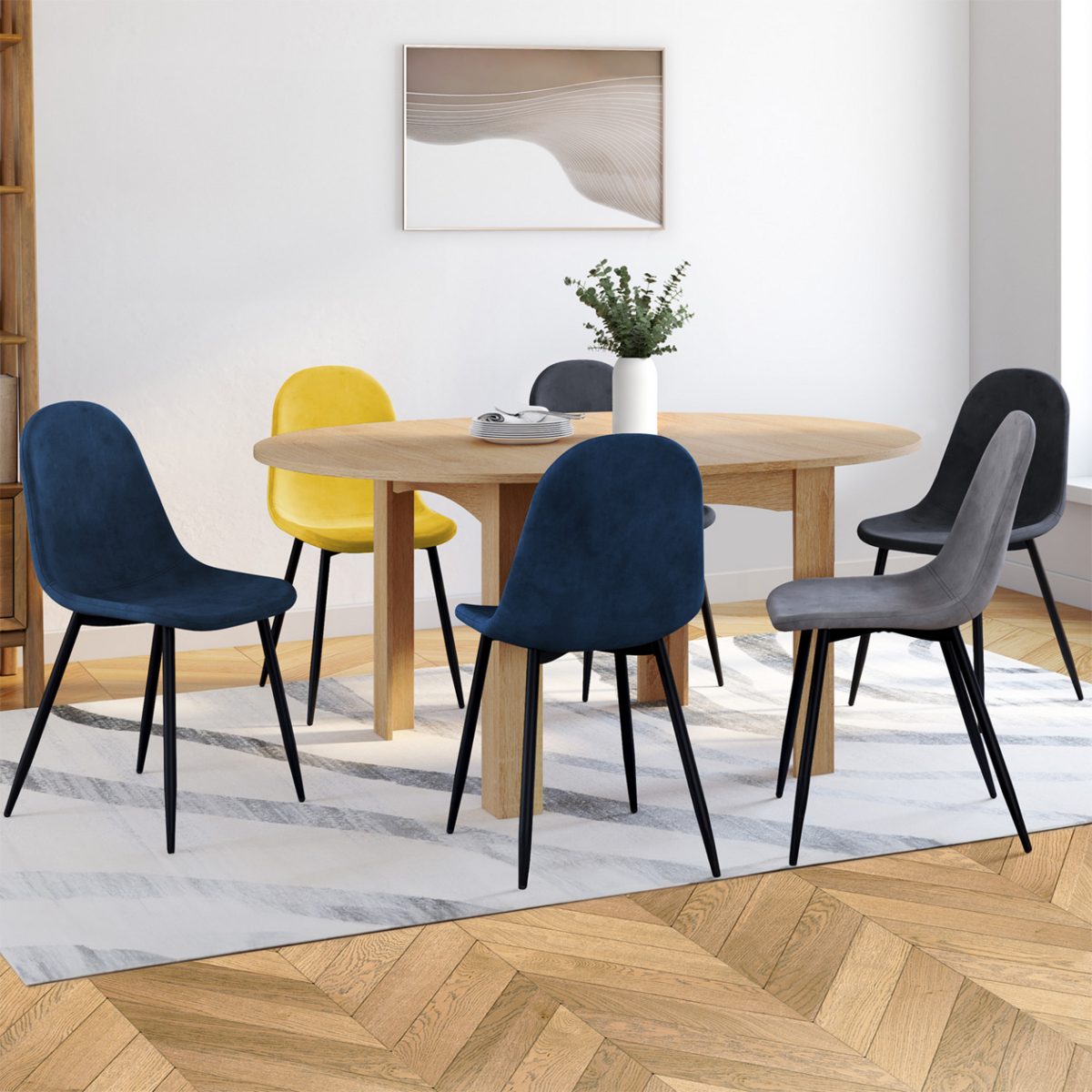 ID MARKET Lot de 6 chaises DALI en velours mix color bleu, gris foncé, gris clair et jaune