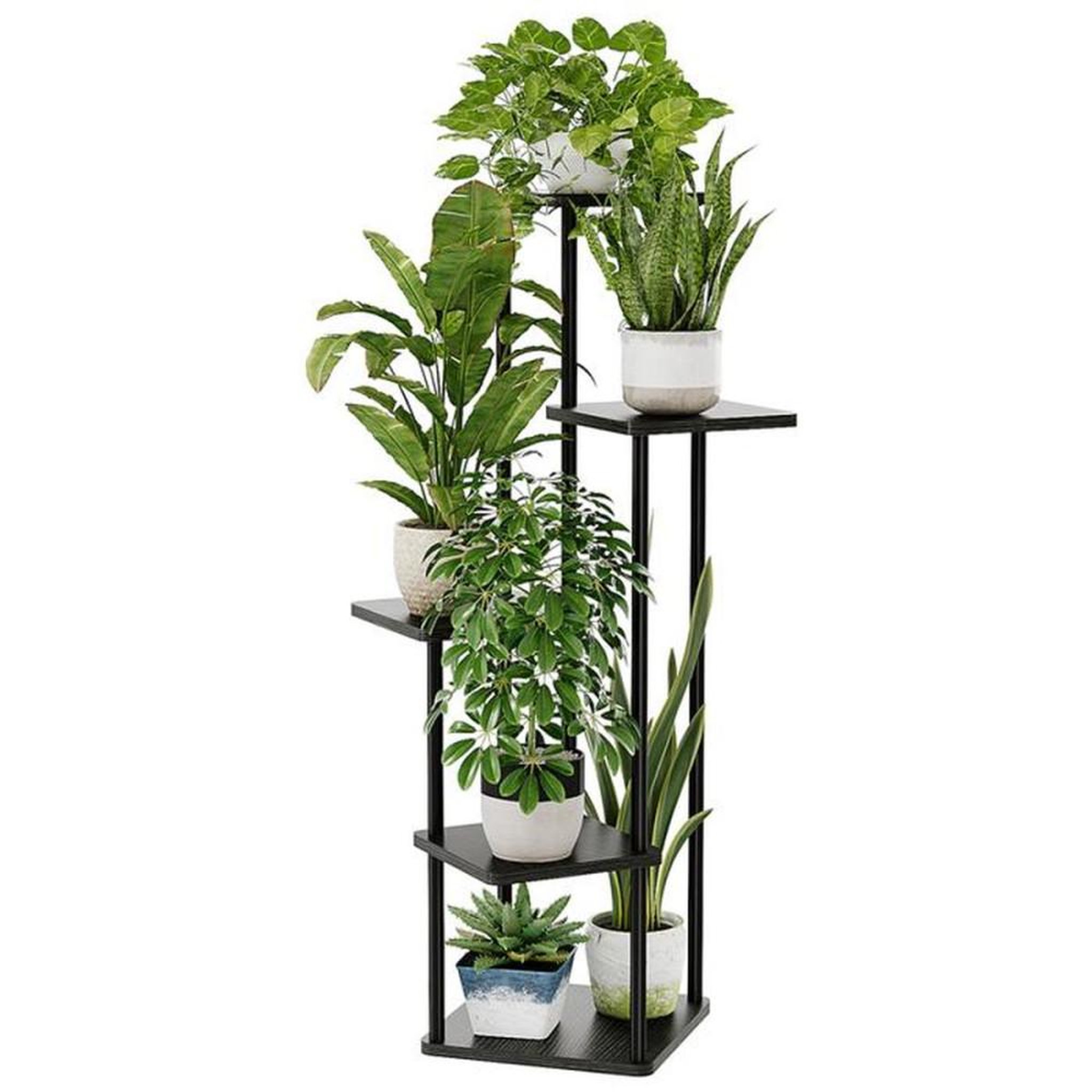Porte-plantes 5 niveaux en métal et bois noir, pour jusqu'à 5 pots, 47 x 47 x 106,7 cm