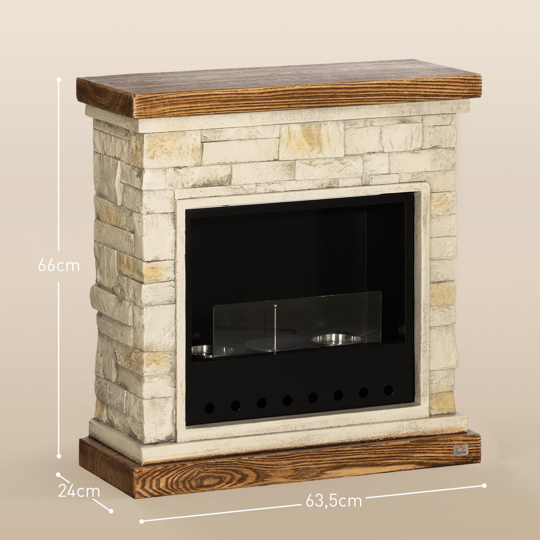 Voir la diapositive 3 : HOMCOM Cheminée bioéthanol - brûleur 400ml, combustion 3h, couverture 16-18 m² - verre trempé protection - marron