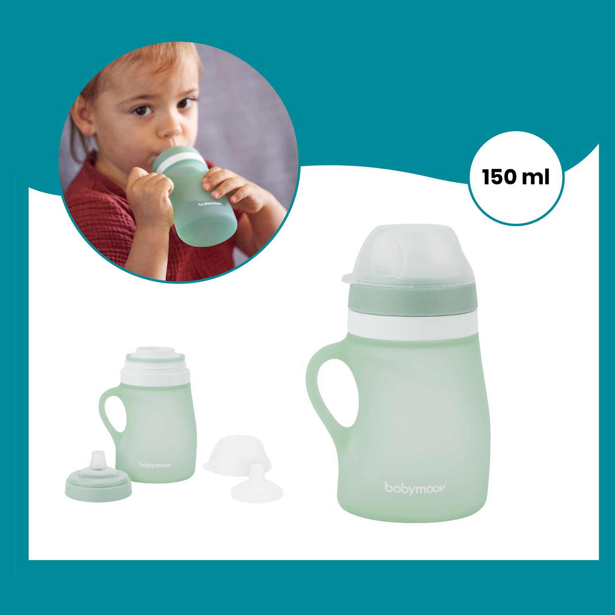 Voir la diapositive 4 : BABYMOOV Kit repas en silicone vert GROW'ISY