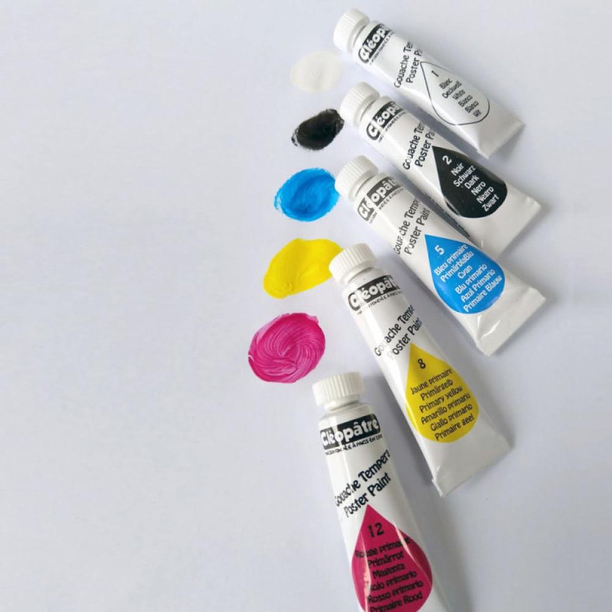 Voir la diapositive 2 : CLÉOPÂTRE Set de gouache en tubes 5 x 10 ml, 5 couleurs : blanc, jaune primaire, magenta, bleu primaire, noir