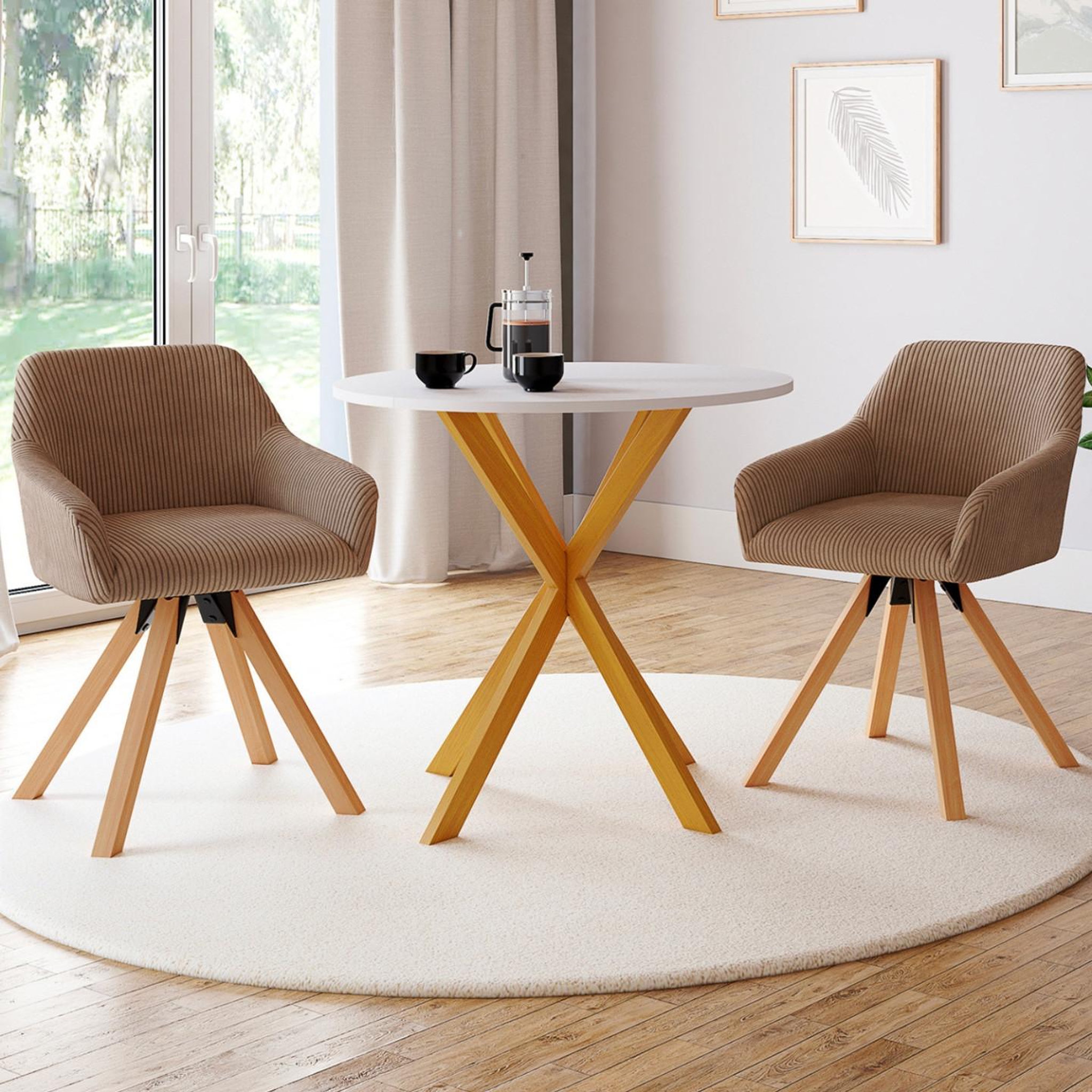 Voir la diapositive 2 : ID MARKET Lot de 2 chaises pivotantes 360° de salle à manger, fauteuils de table JANY en velours côtelé taupe