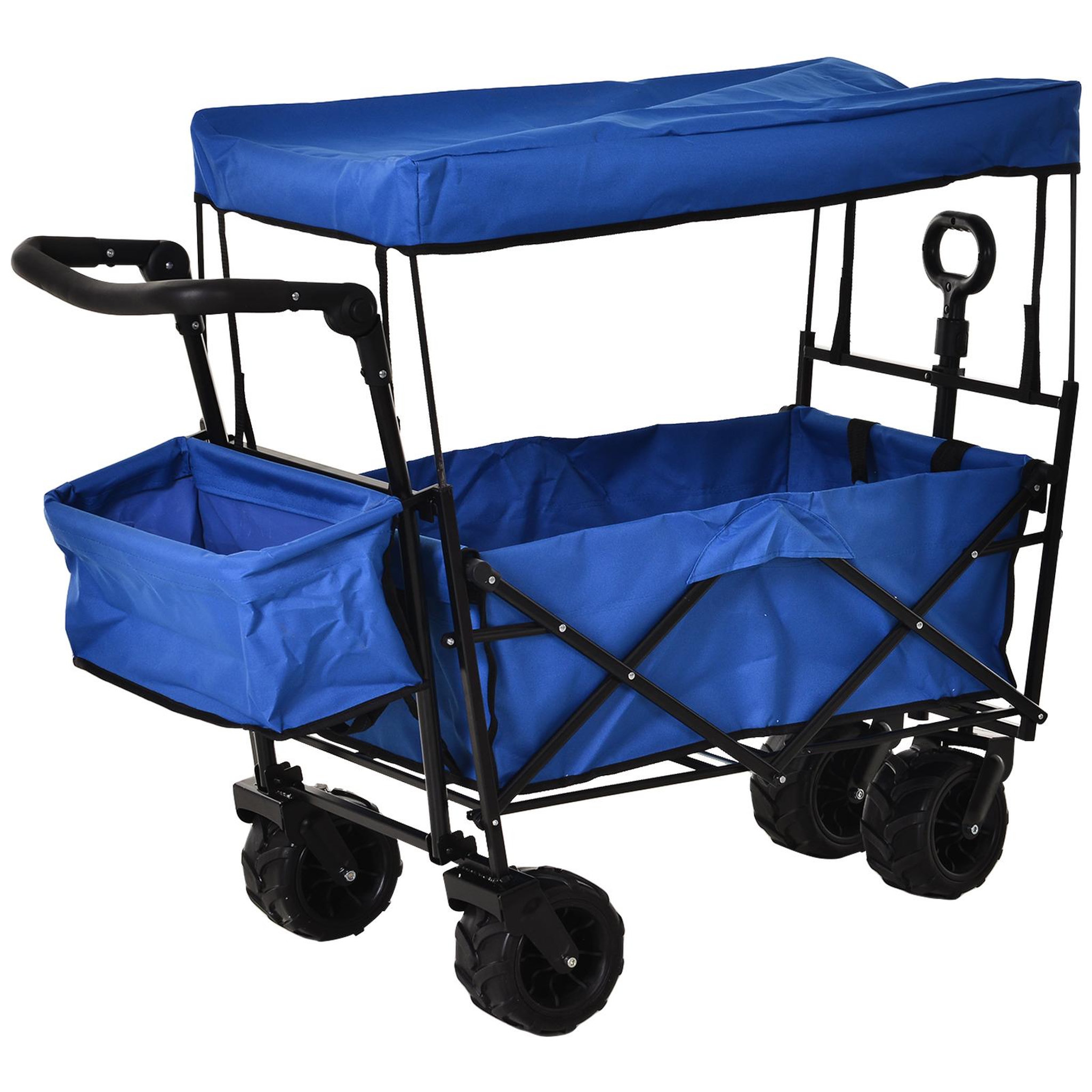 Voir la diapositive 3 : OUTSUNNY Chariot pliant avec toit, poignée, panier - chariot de plage - chariot de transport pliable tout-terrain métal noir oxford bleu