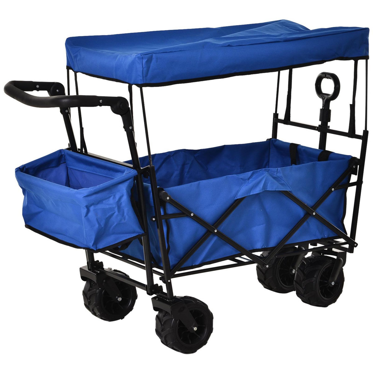 OUTSUNNY Chariot pliant avec toit, poignée, panier - chariot de plage - chariot de transport pliable tout-terrain métal noir oxford bleu