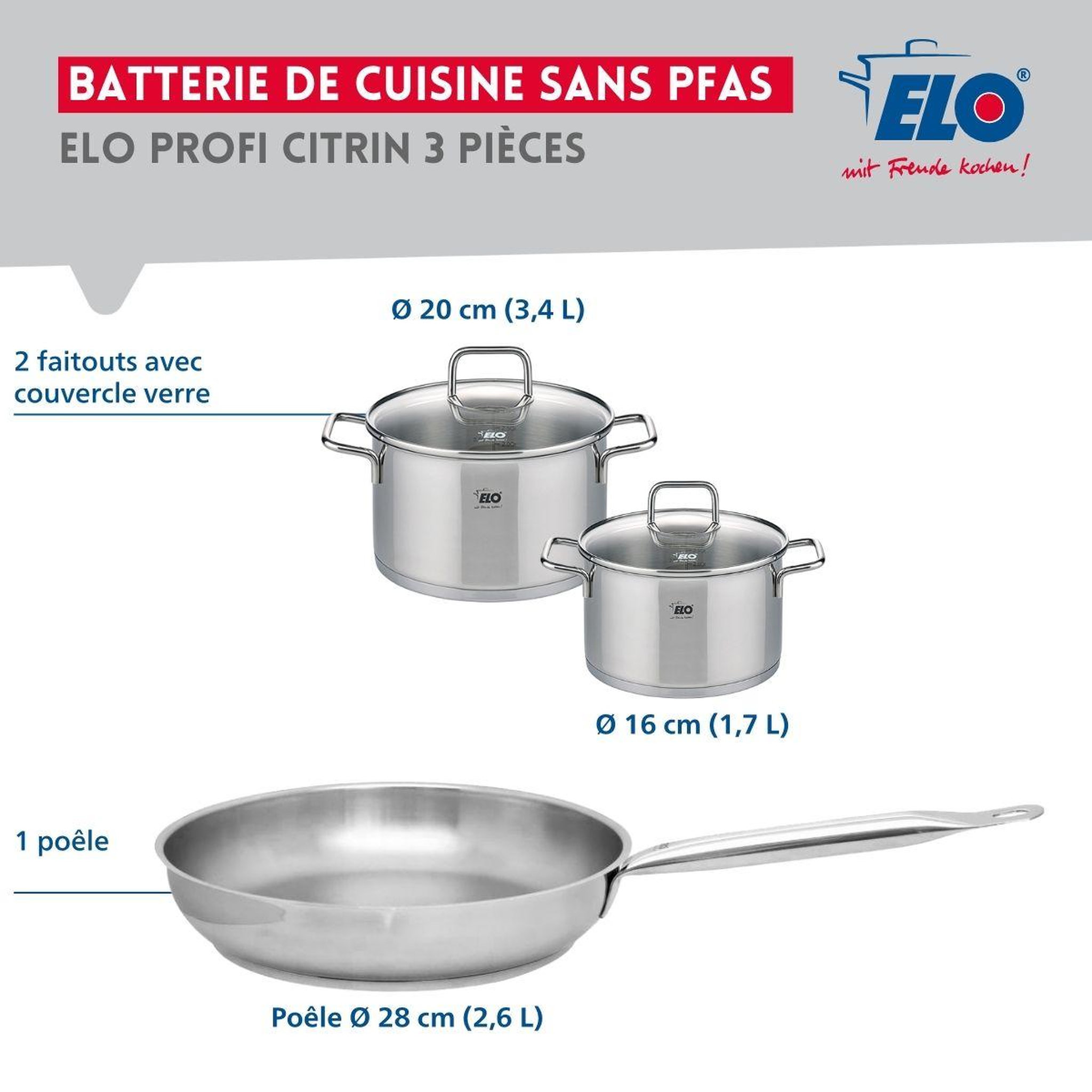 Voir la diapositive 2 : ELO Ensemble de 1 poêle de cuisson 28 cm et 2 faitouts 16 et 20 cm elo profi citrin