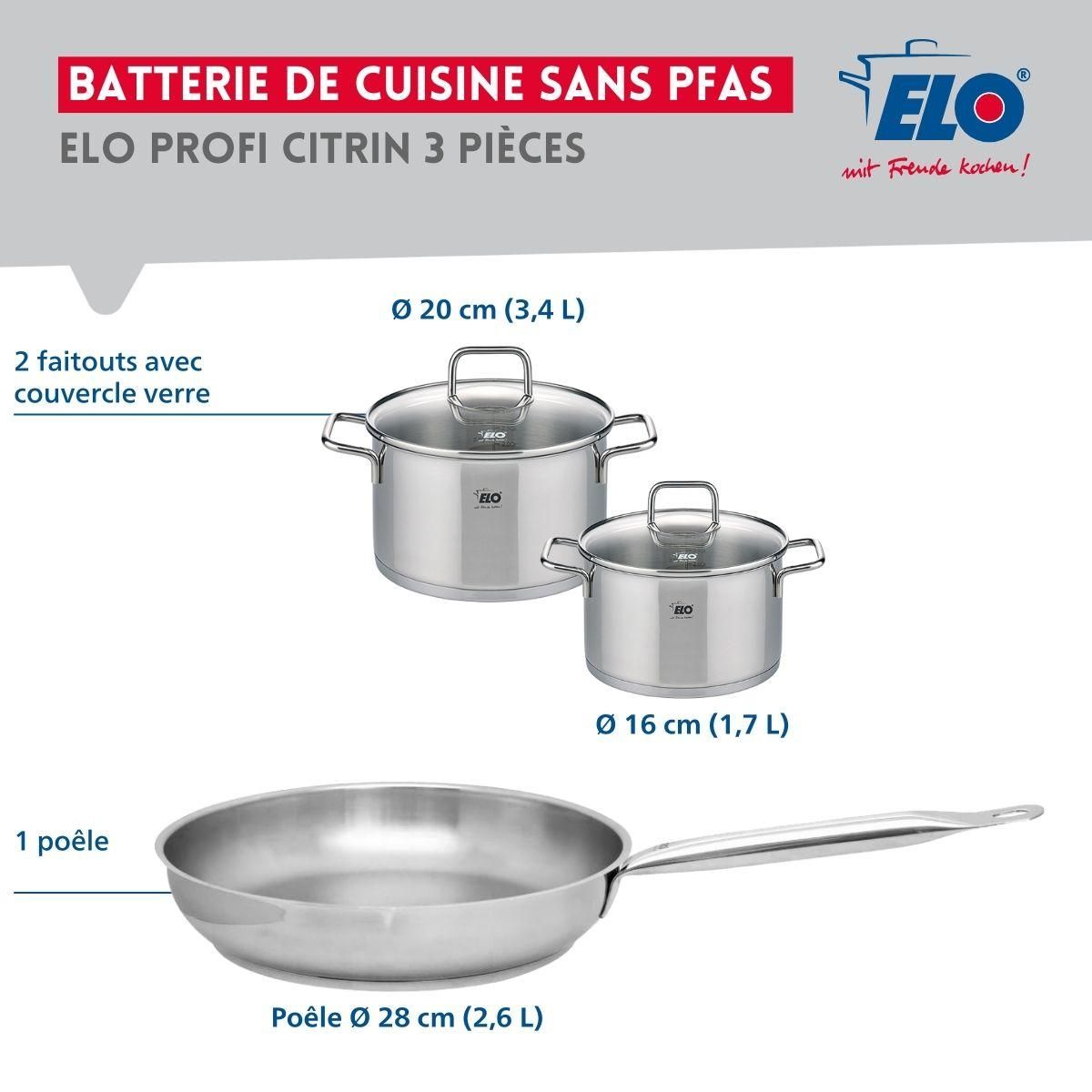 ELO Ensemble de 1 Poêle de cuisson 28 cm et 2 faitouts 16 et 20 cm Elo Profi Citrin