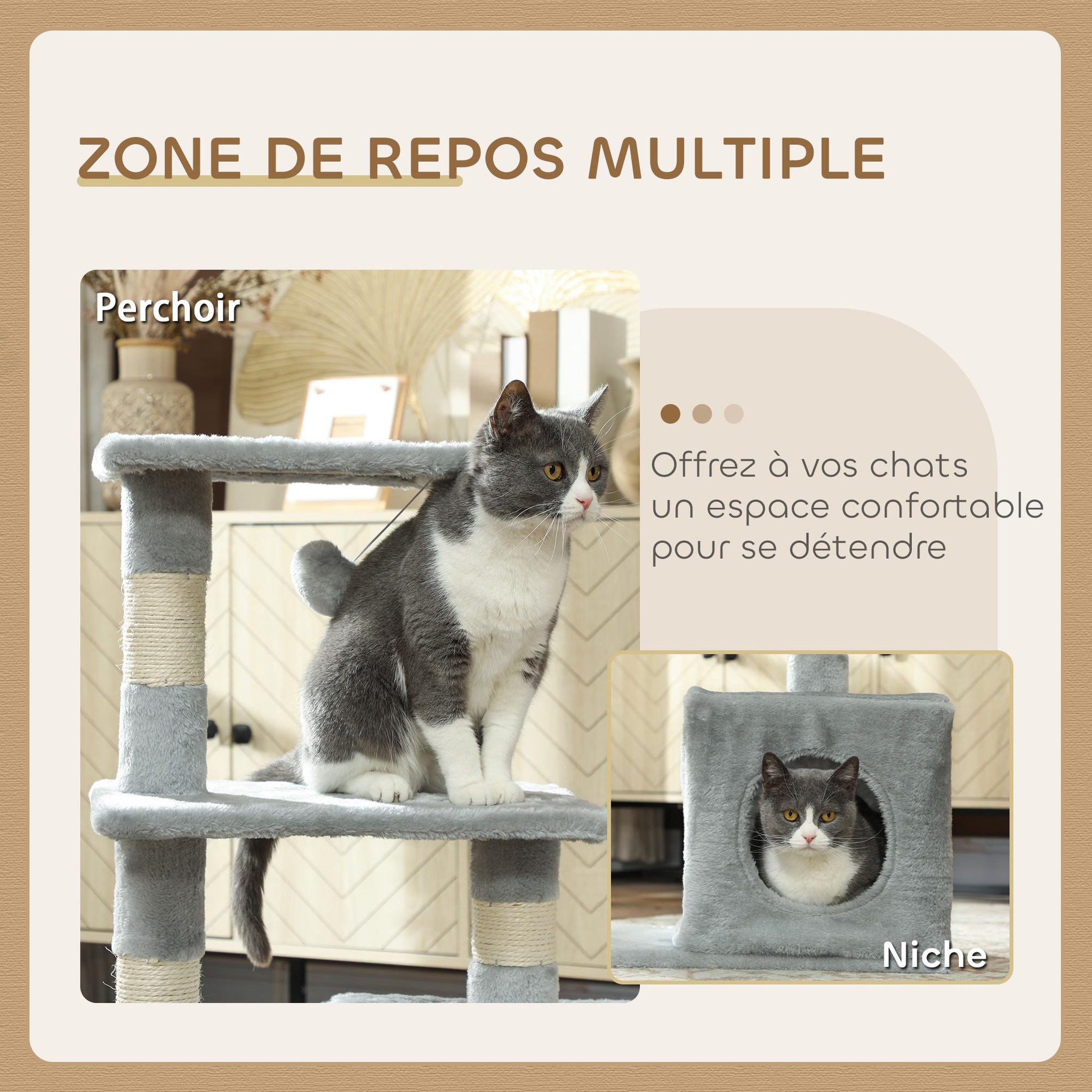 Voir la diapositive 5 : PAWHUT Arbre à chat h.81cm niche 3 griffoirs 2 plateformes jeu boule suspendue gris