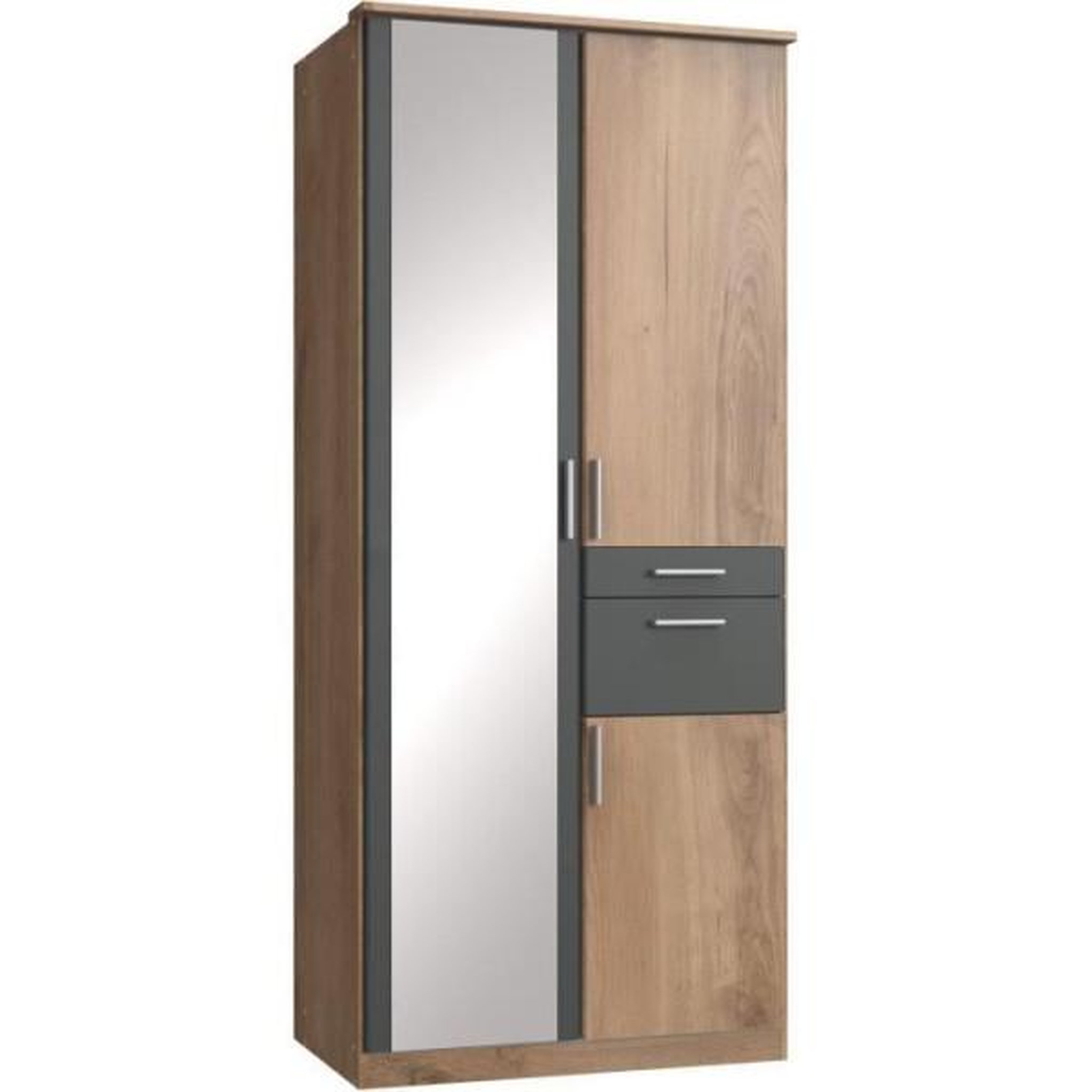N/A Armoire Décor Chene & Graphite - 3 portes battantes - Miroir - 2 tiroirs - L90 x P58 x H199 cm - VOLOS