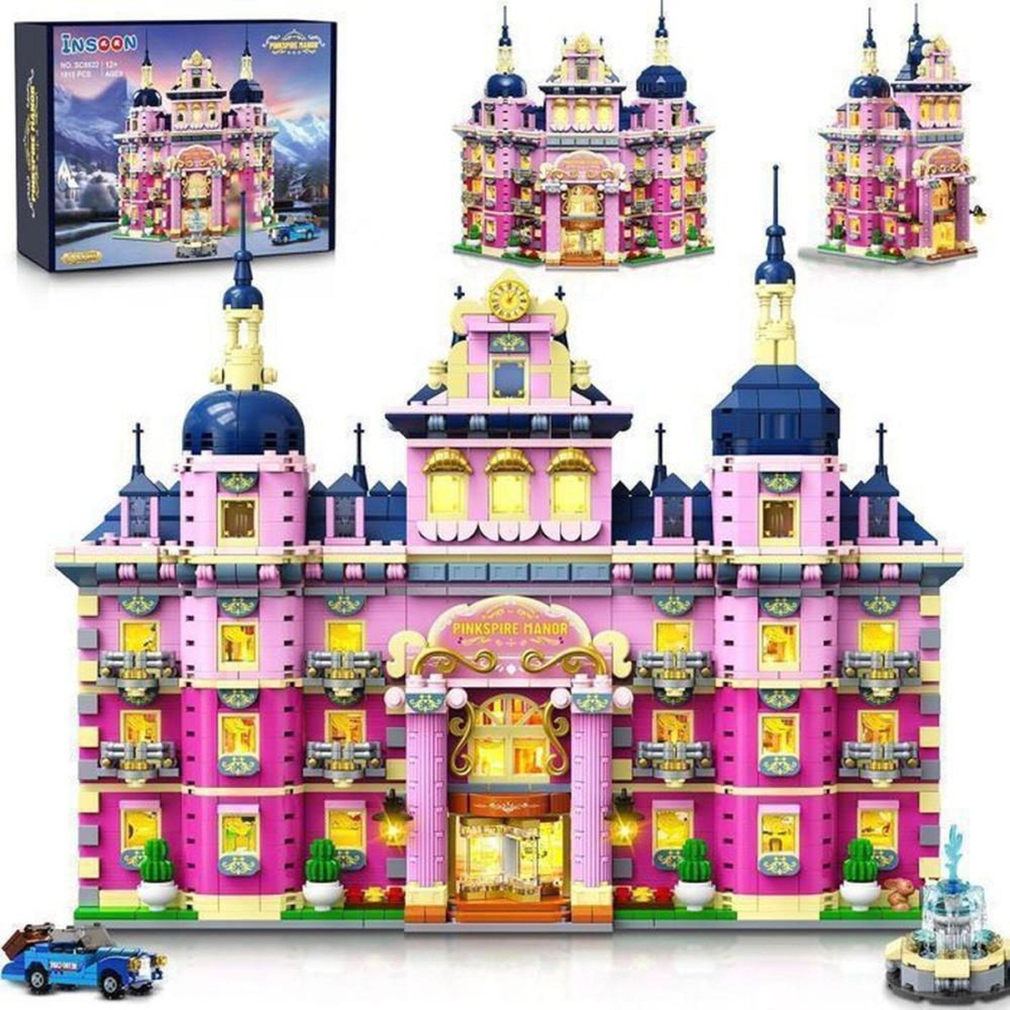 Kit maison de construction à LED Pinkspire Manor rose, 1815 pièces avec voiture et fontaine