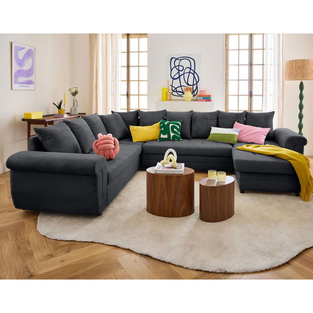 BEST MOBILIER Henry - canapé panoramique convertible - avec coffre - en velours côtelé - 7 places