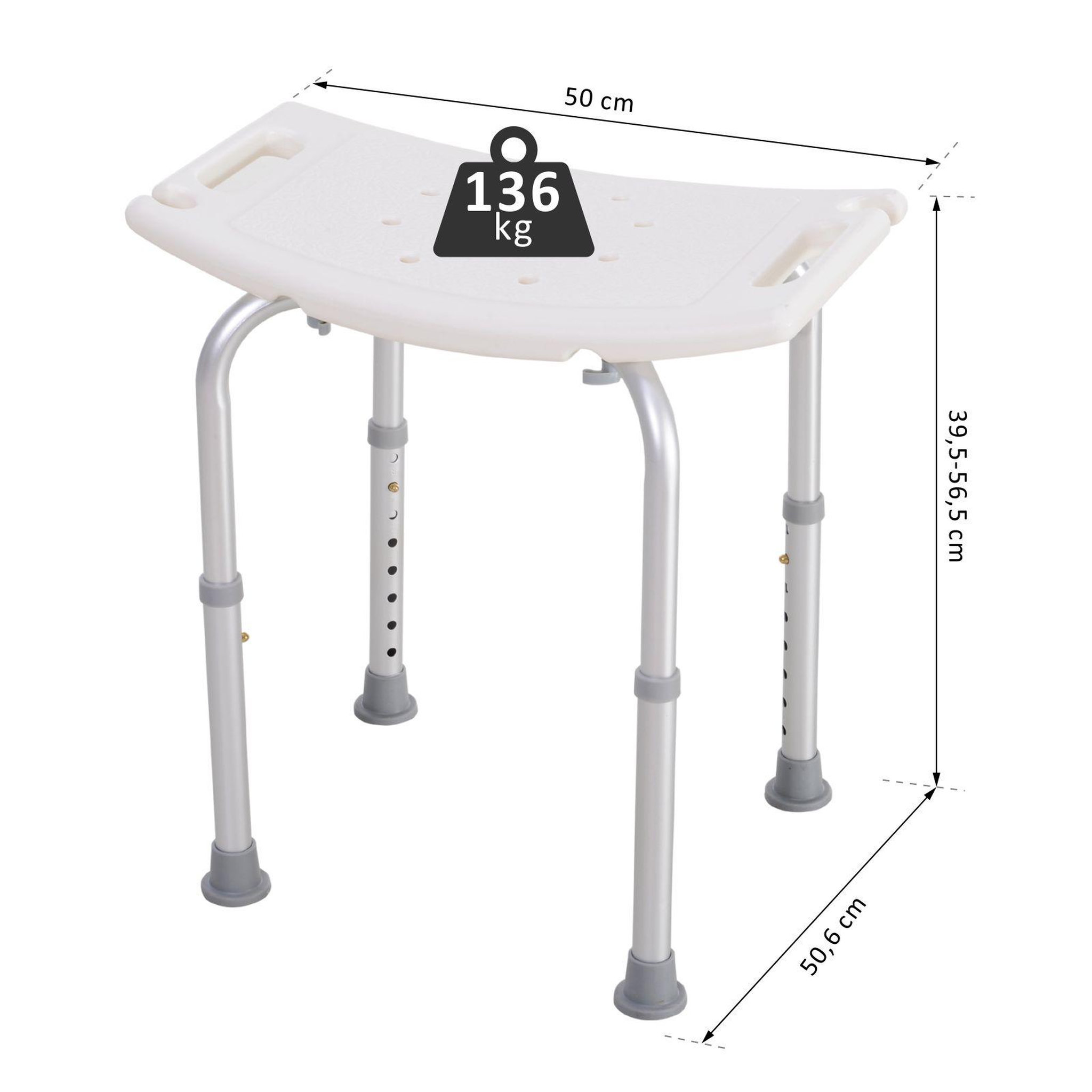 Voir la diapositive 3 : HOMCOM Siège de douche réglable en hauteur tabouret de douche ergonomique pieds antidérapants charge max. 136 kg alu hdpe blanc