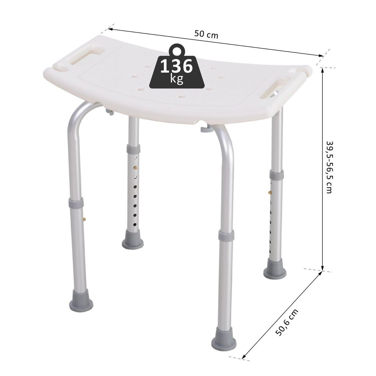 HOMCOM Siège de douche réglable en hauteur tabouret de douche ergonomique pieds antidérapants charge max. 136 Kg alu HDPE blanc