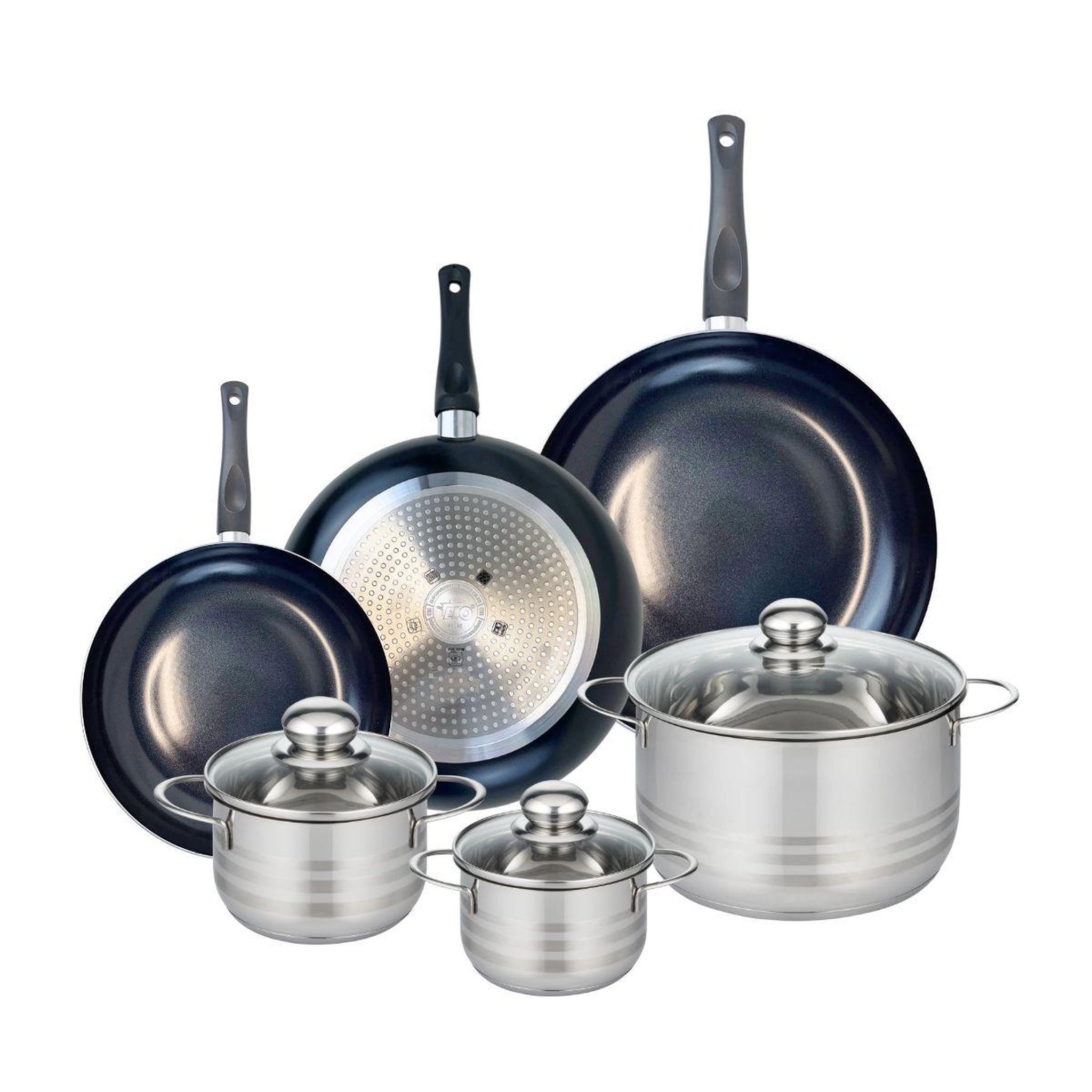 ELO Ensemble de 3 poêles de cuisson 24, 28 et 32 cm et 3 faitouts 14, 16 et 24 cm elo prima brillant