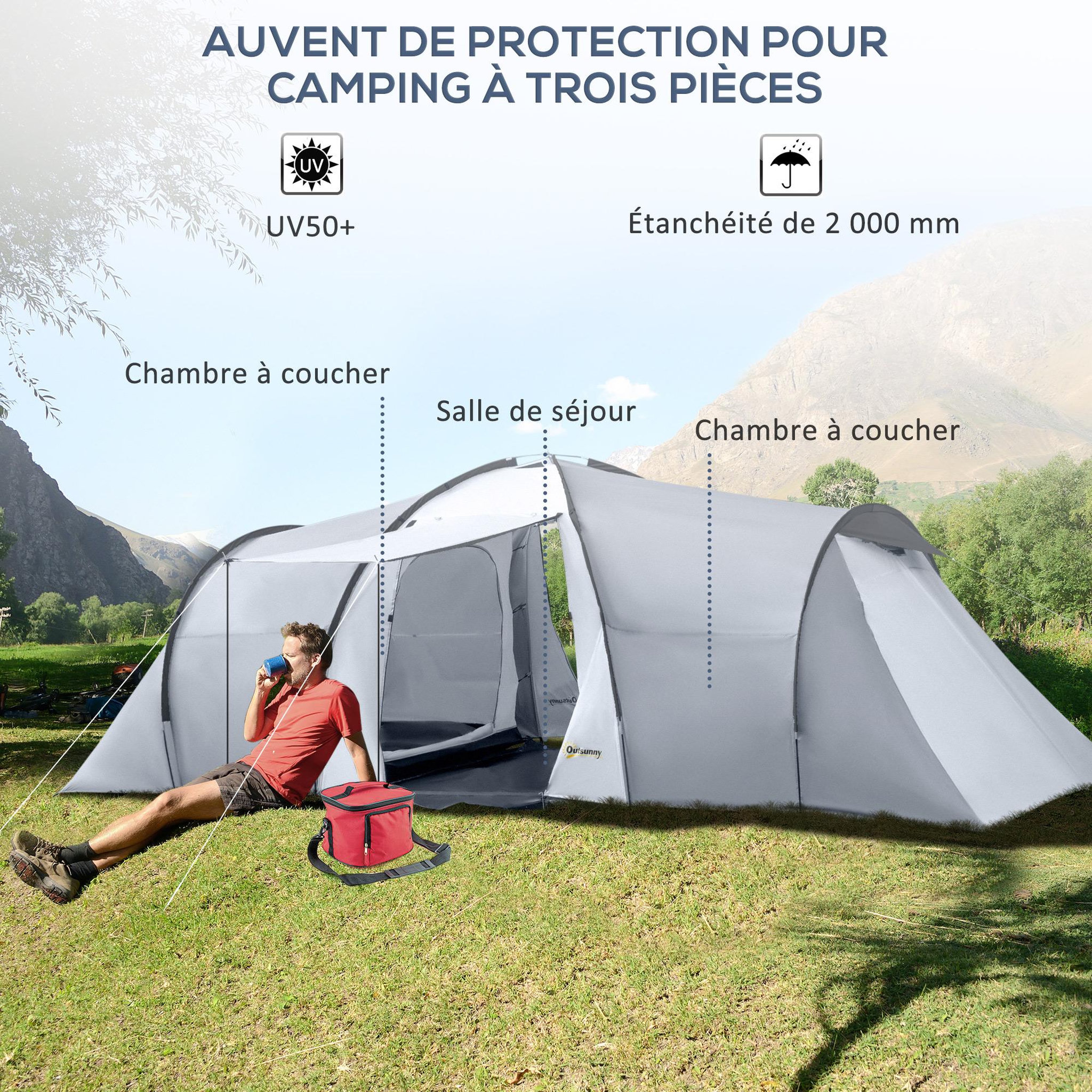 Voir la diapositive 4 : OUTSUNNY Tente de camping familiale 4-6 personnes 2 cabines 2 portes auvent 5,9l x 2,45l x 1,93h m rouge gris