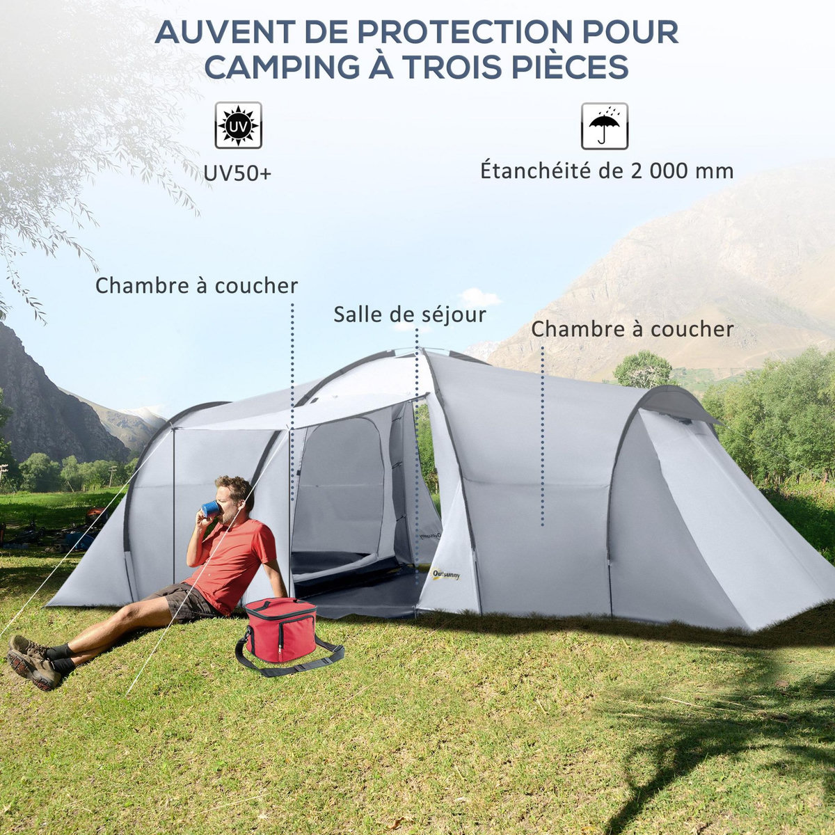 OUTSUNNY Tente de camping familiale 4-6 personnes 2 cabines 2 portes auvent 5,9L x 2,45l x 1,93H m rouge gris