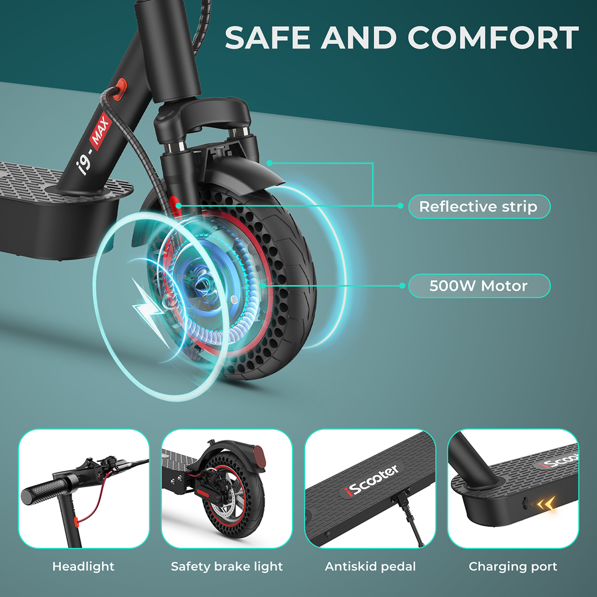 Voir la diapositive 6 : ISCOOTER Trottinette électrique iScooter i9 Max - 25 cm - 500 W 36 V 10 Ah - 25 km/h - Application